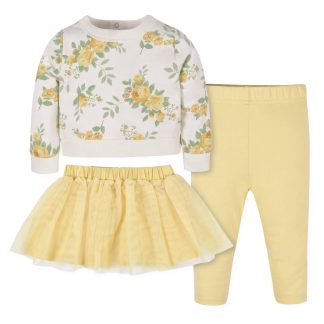 3-Piece Baby & Toddler Girls Golden Flowers French Terry Top, Tulle Tutu, & Legging Set