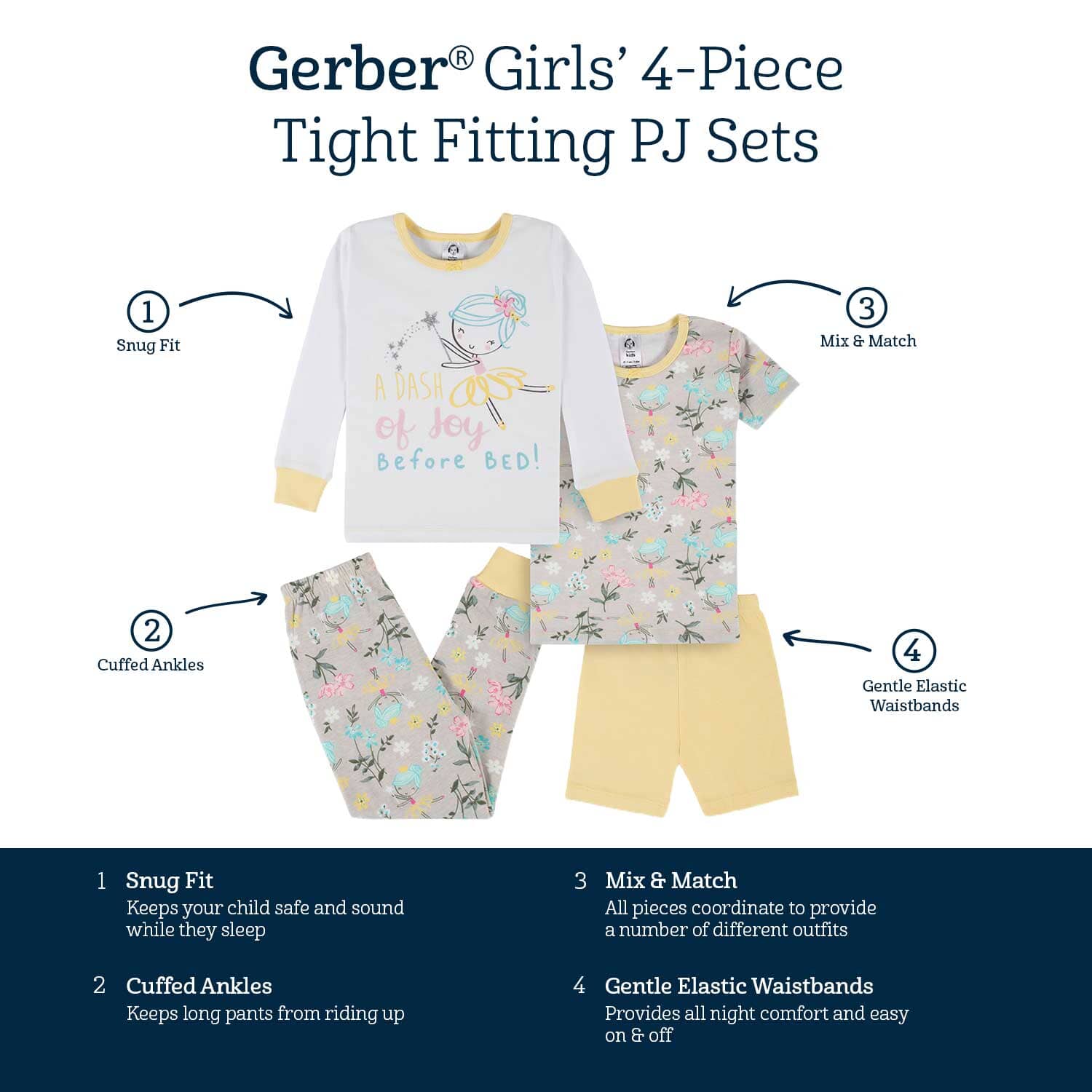 4-Piece Infant & Toddler Girls Yellow Garden Snug Fit Cotton Pajamas - Image 8