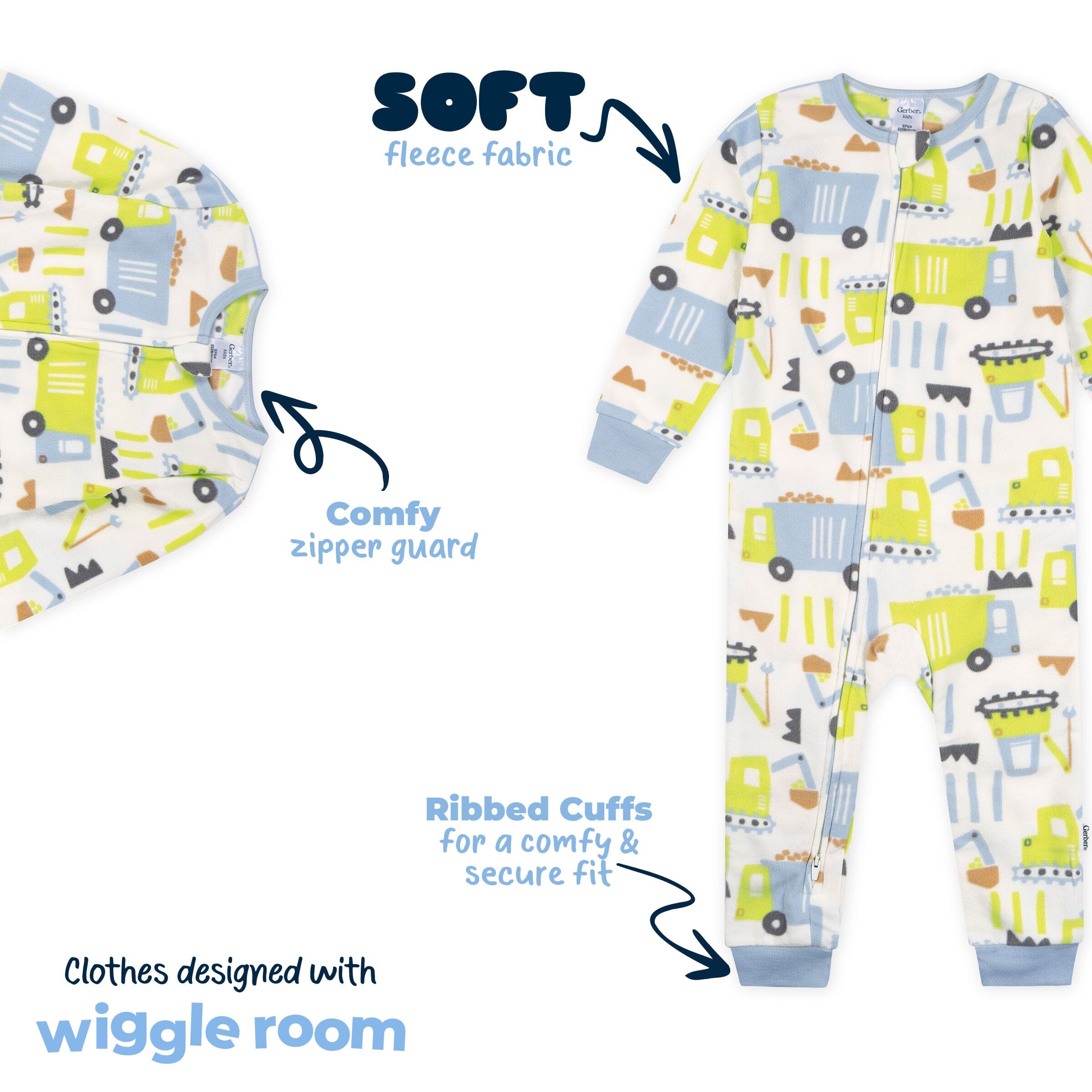 3-Pack Infant & Toddler Boys Trucks Footless Fleece Pajamas - Image 6