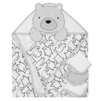 4-Piece Boys Bear Hooded Towel and Washcloths Set