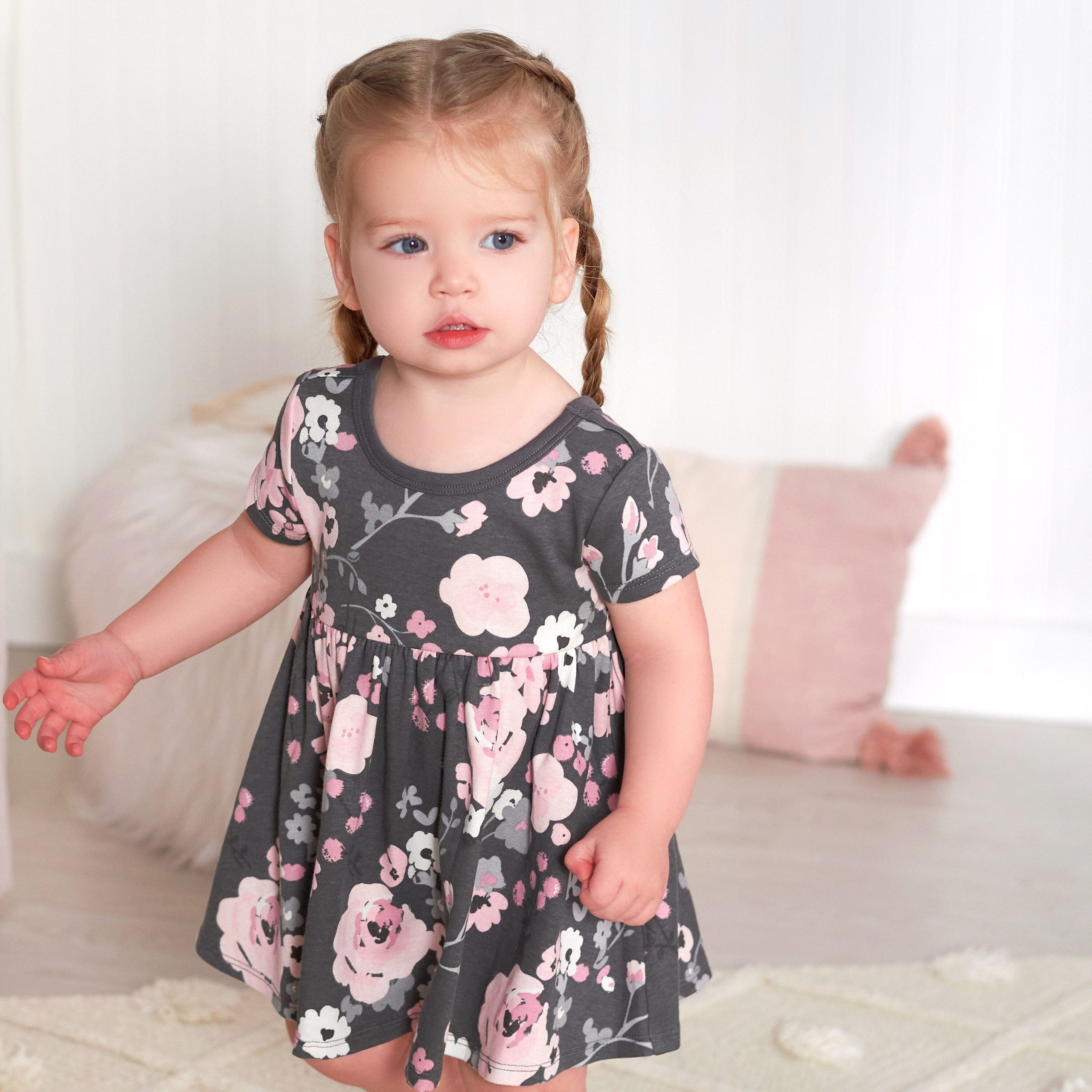 2-Pack Baby Girls Gray Floral Short Sleeve Dresses - Image 2