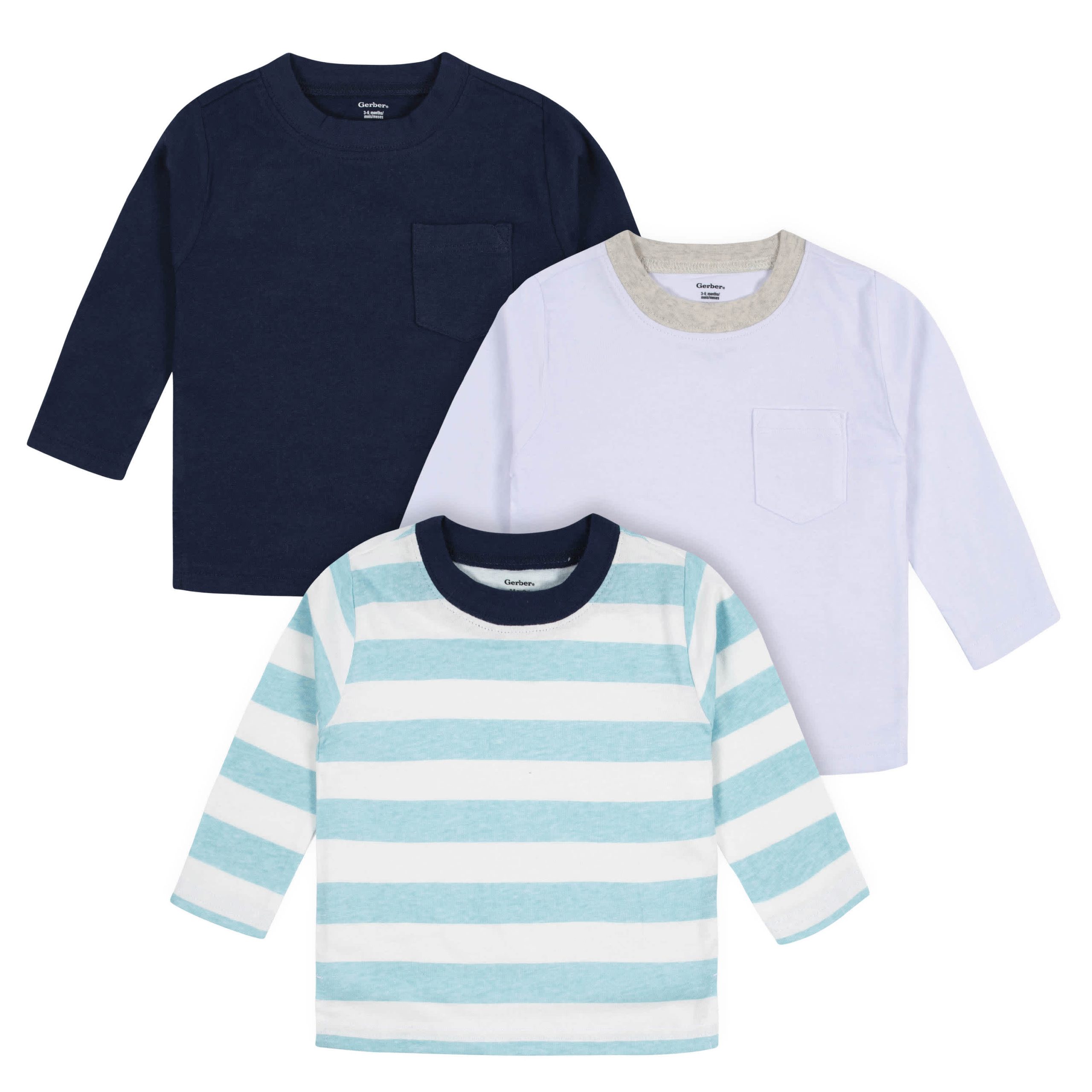 3-Pack Baby Boys Royal Blues Long Sleeve Pocket Tees, 0-3M