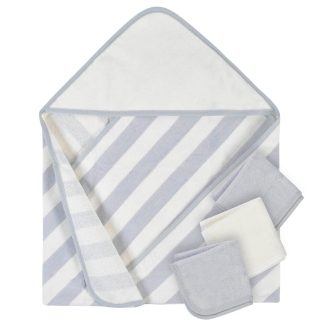 4-Piece Baby Neutral Striped Gray Hooded Towel & Washcloths Set