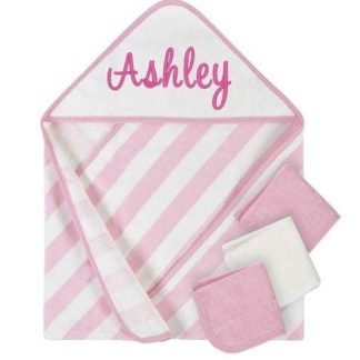 Embroidered 4-Piece Girls Striped Pink Hooded Towel & Washcloths Set