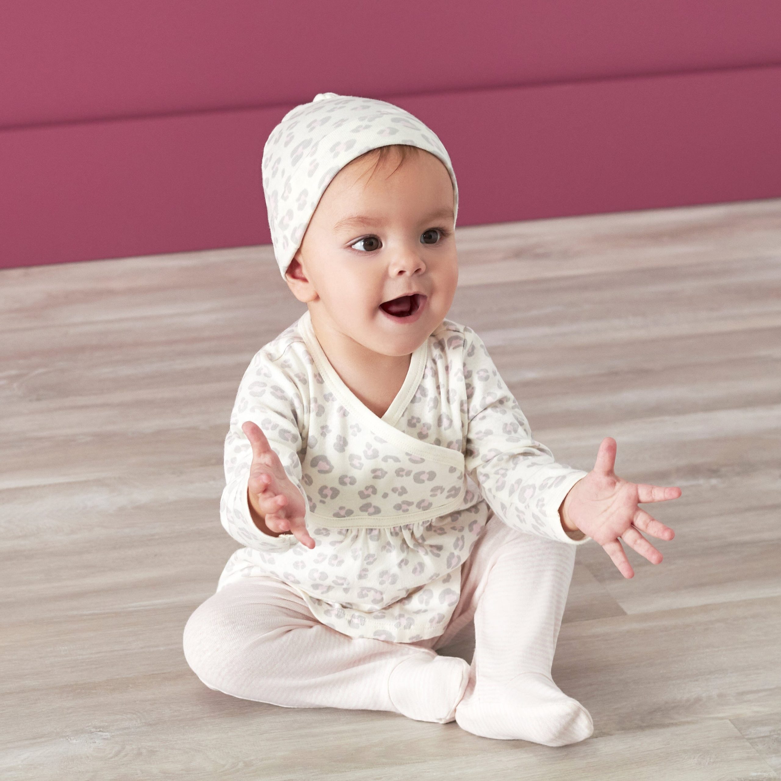 3-Piece Baby Girls Comfy Stretch Floral Leopard Long Sleeve Shirt, Footed Pant, & Cap Set - Image 2