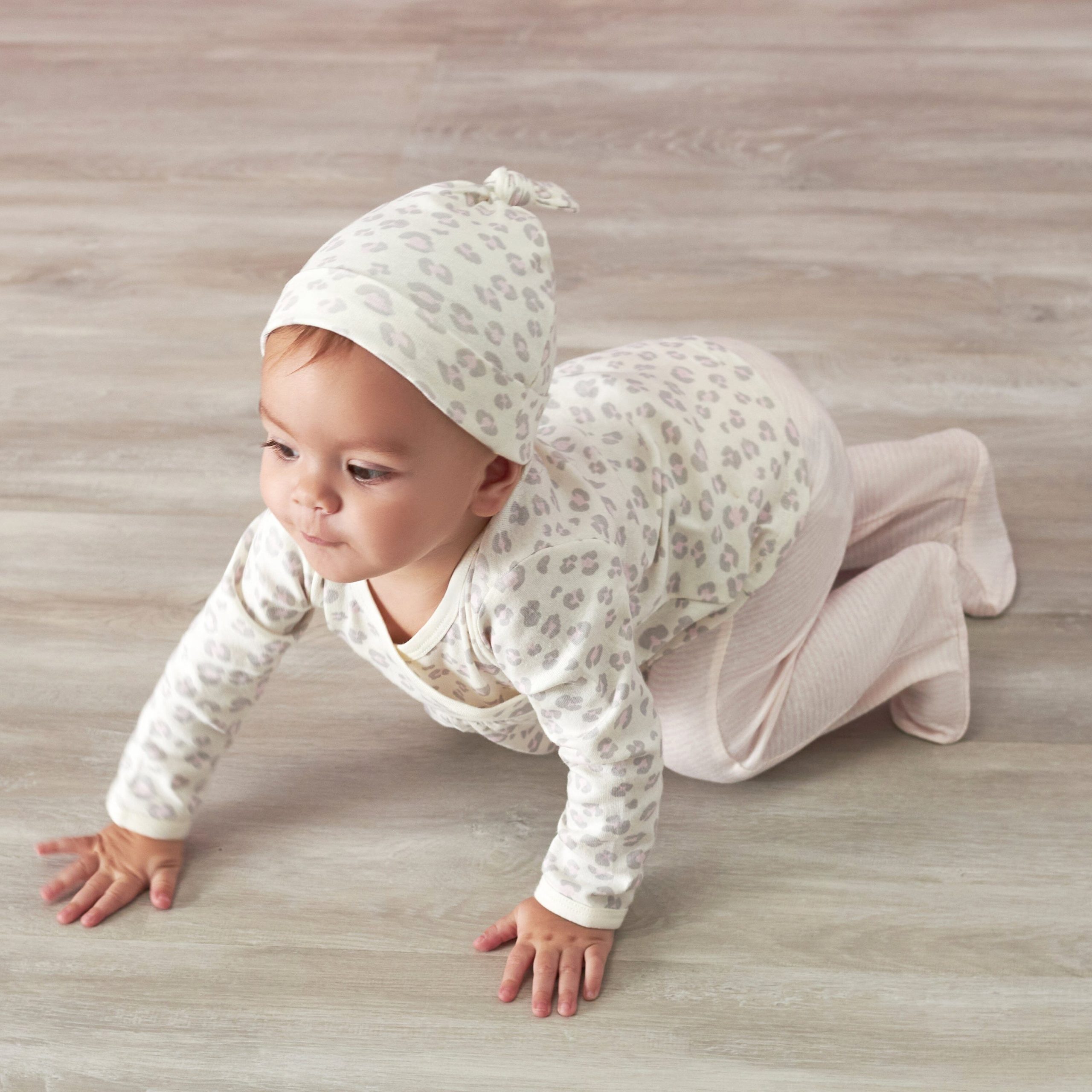 3-Piece Baby Girls Comfy Stretch Floral Leopard Long Sleeve Shirt, Footed Pant, & Cap Set - Image 3