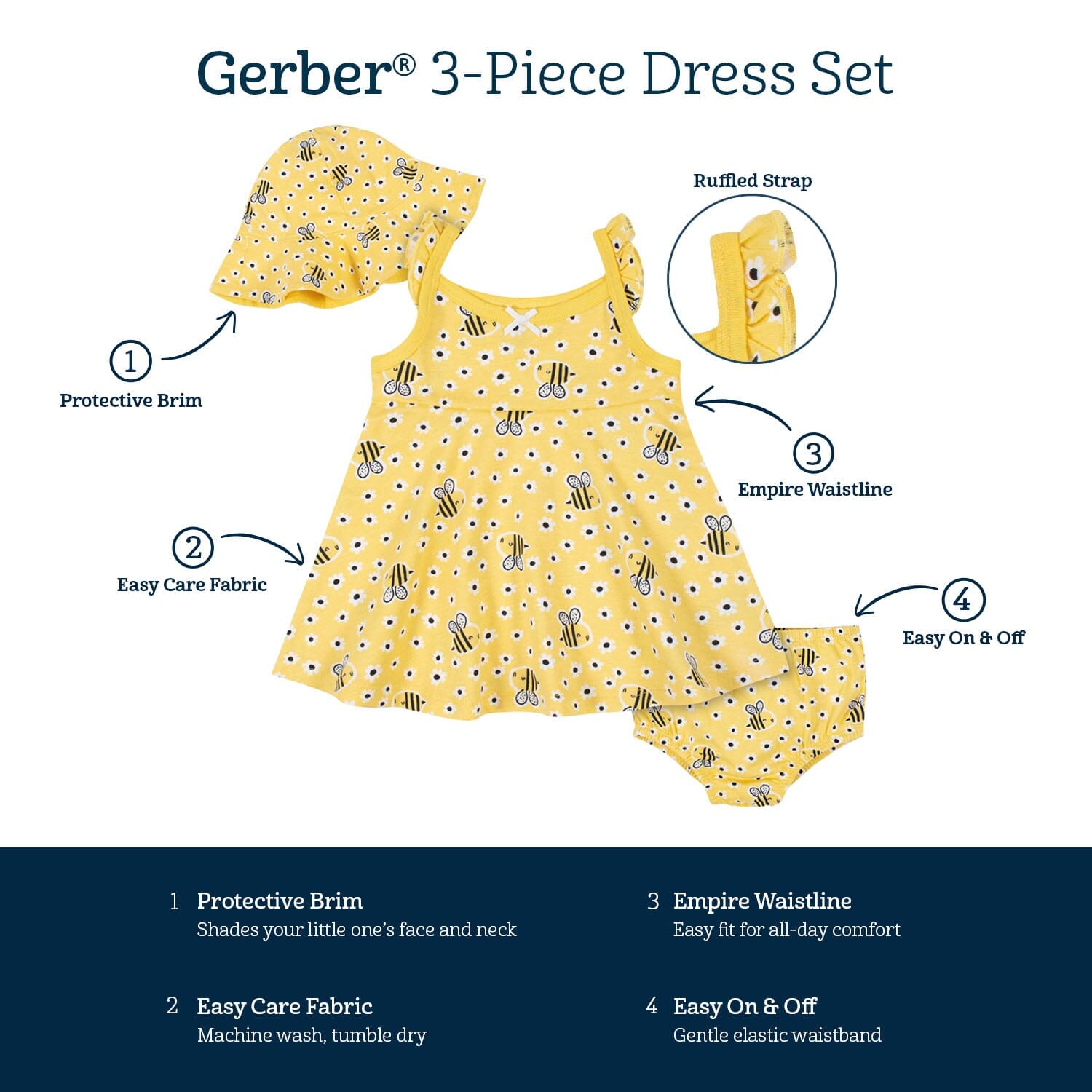 3-Piece Baby & Toddler Girls Bee Garden Dress, Diaper Cover & Sun Hat Set - Image 6