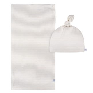 2-Piece Baby Neutral Tan Stripe Swaddle Blanket & Hat Set