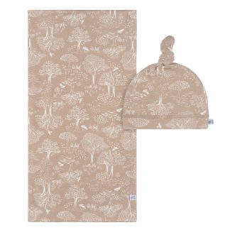2-Piece Baby Neutral Ivory Tan Forest Swaddle Blanket & Hat Set