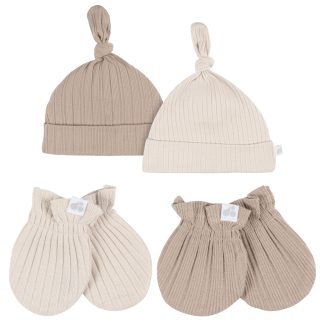 4-Piece Baby Neutral Tan Hat and Mitten Set