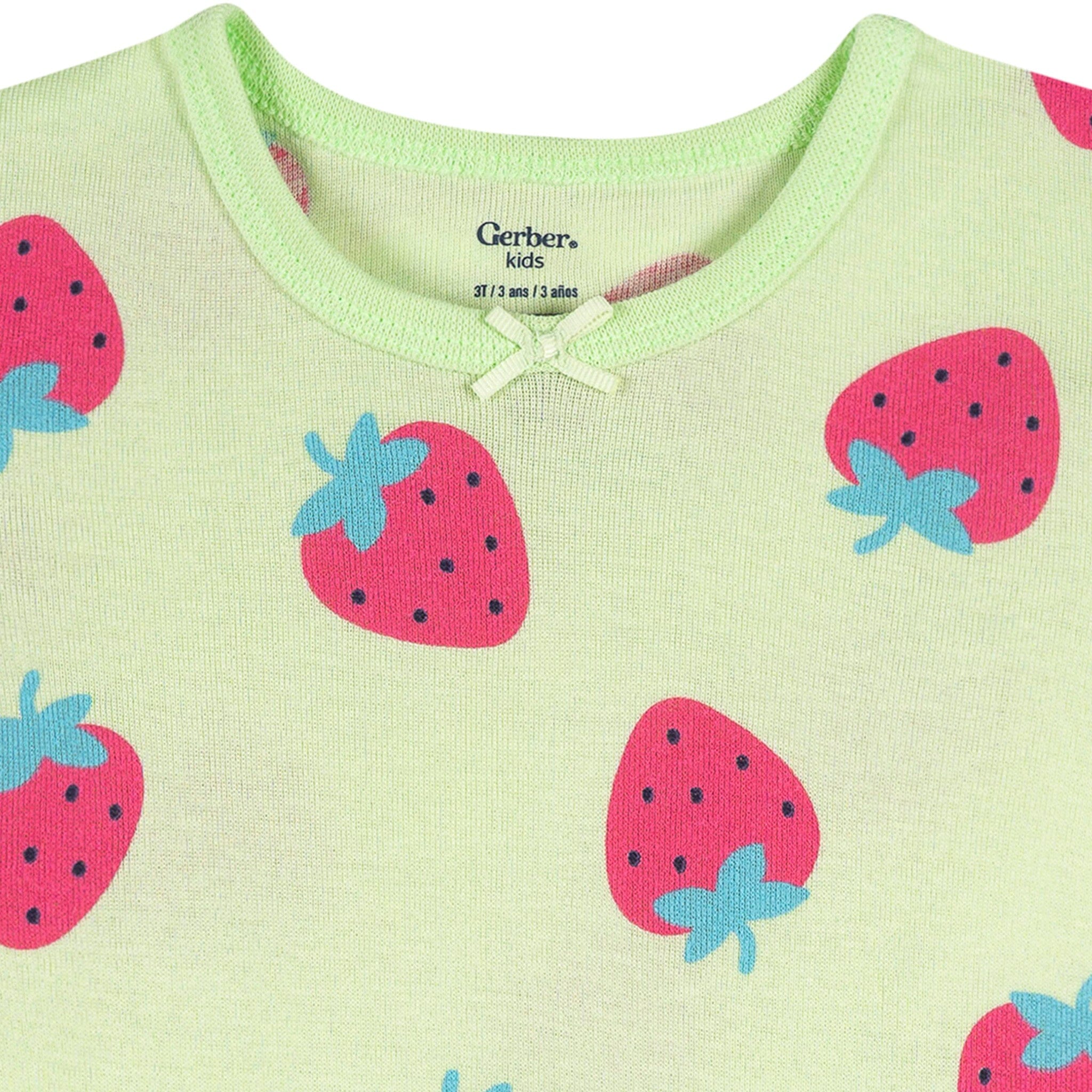 4-Piece Infant & Toddler Girls Pink and Green Strawberries Cotton Pajama Short Set - Image 6