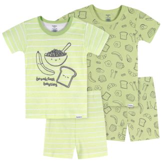 4-Piece Infant & Toddler Neutral Green Breakfast Cotton Pajama Short Set