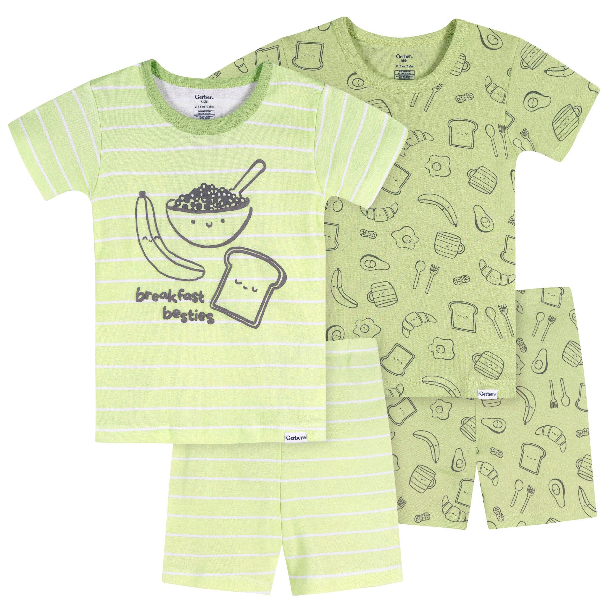 4-Piece Infant & Toddler Neutral Green Breakfast Cotton Pajama Short Set
