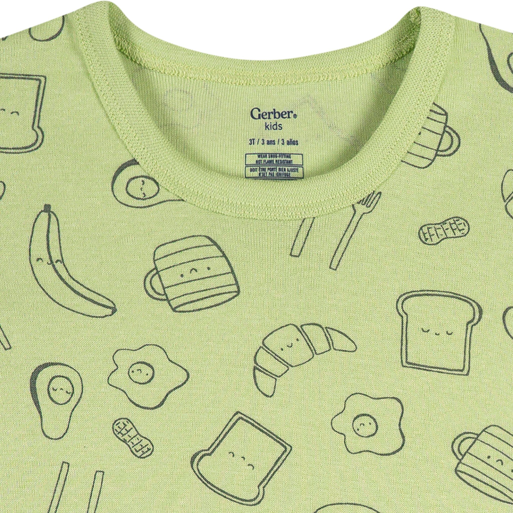 4-Piece Infant & Toddler Neutral Green Breakfast Cotton Pajama Short Set - Image 3