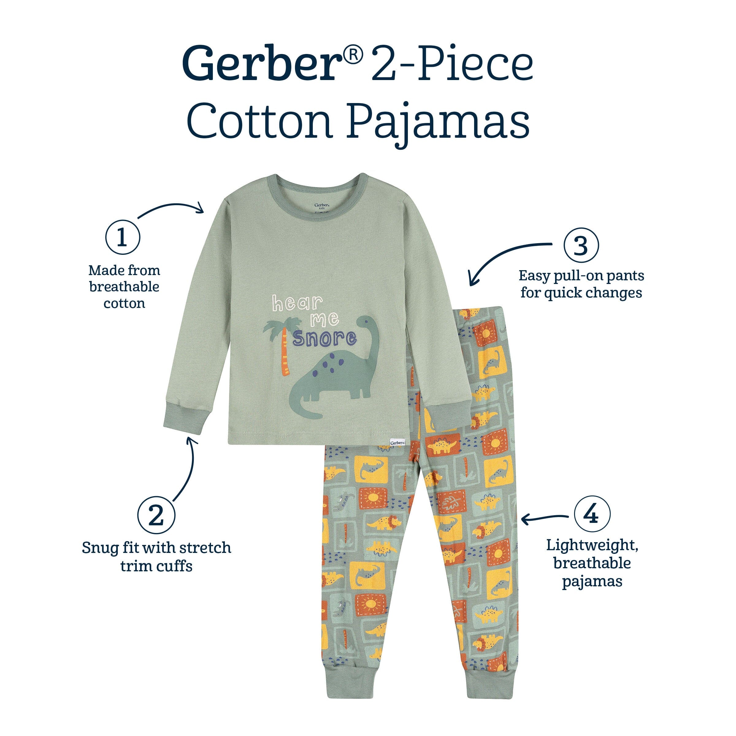 2-Piece Infant & Toddler Boys Green Dino Cotton Pajama Set - Image 7