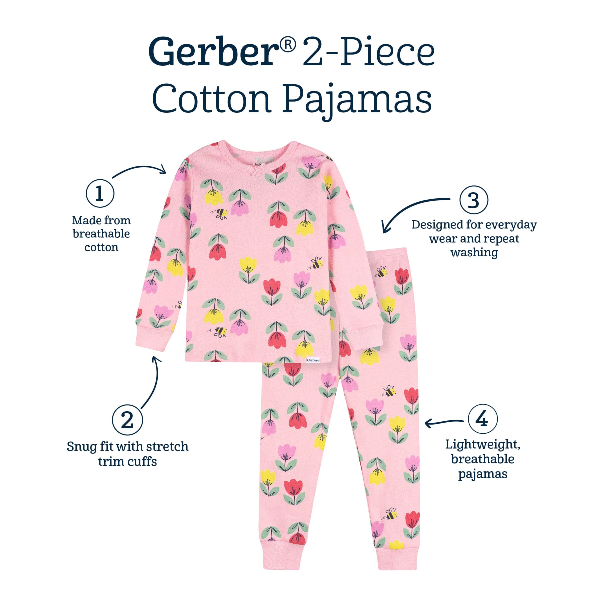 2-Piece Infant & Toddler Girls Pink Tulips Cotton Pajama Set - Image 8