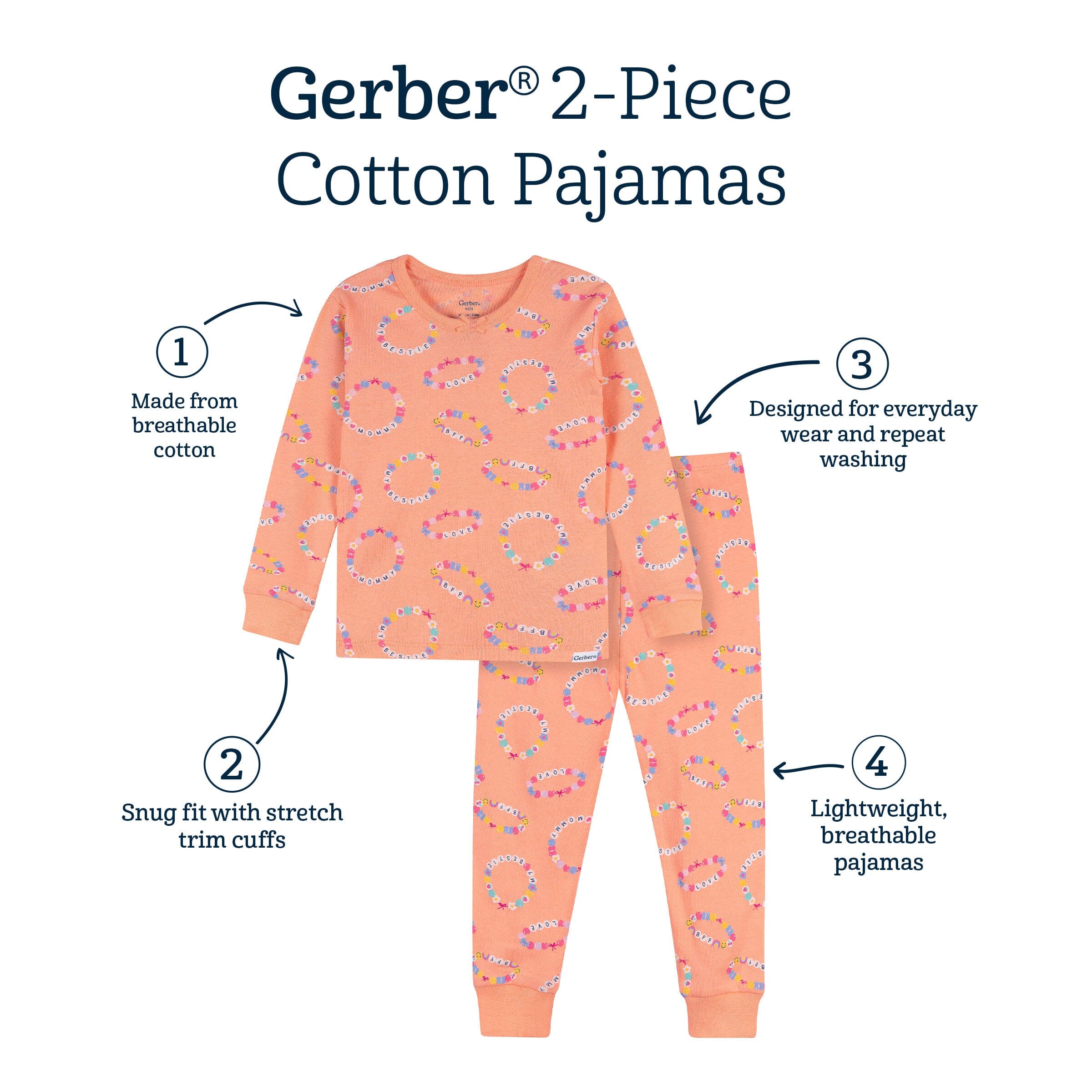 2-Piece Infant & Toddler Girls Peach Bracelets Cotton Pajama Set - Image 8