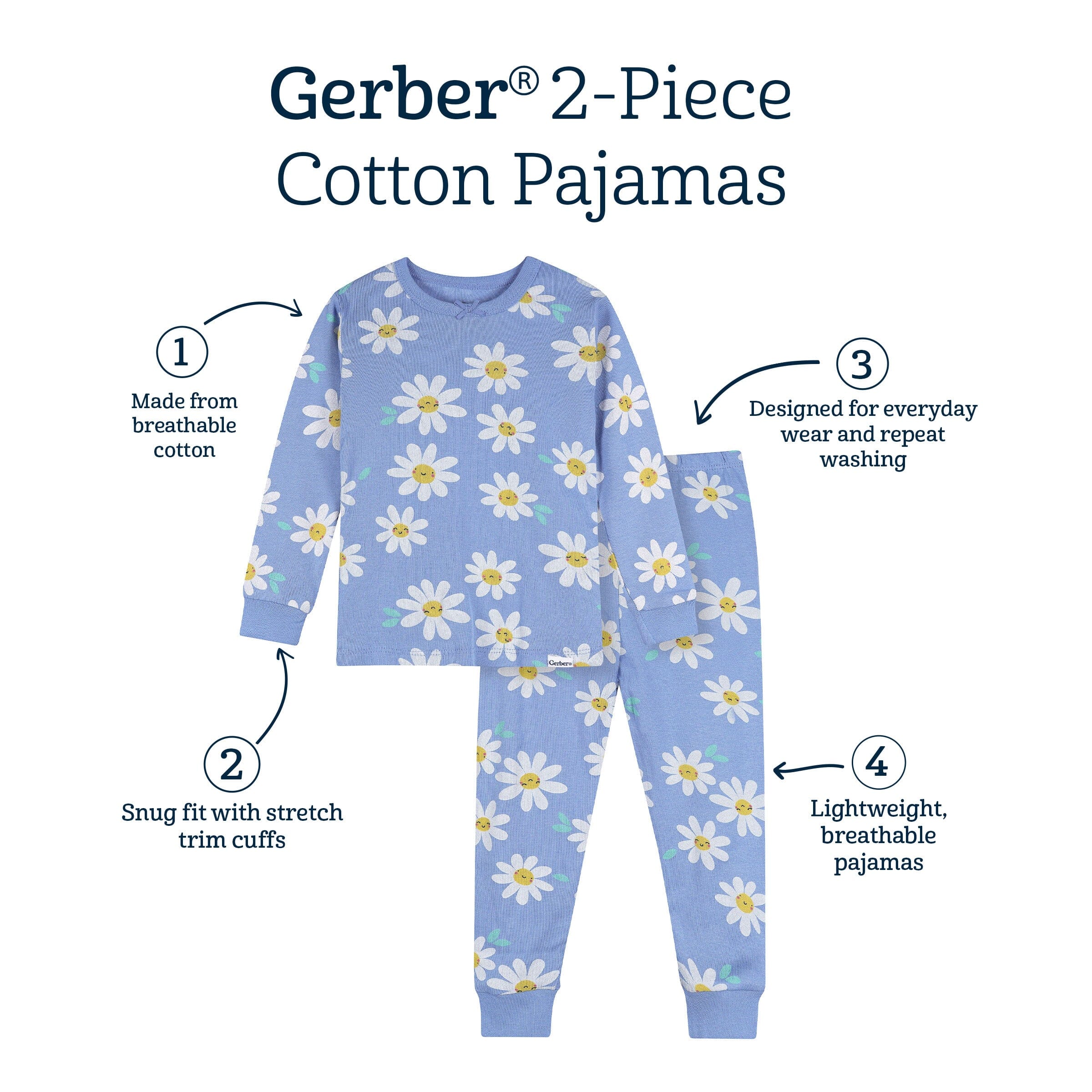 2-Piece Infant & Toddler Girls Blue Daisies Cotton Pajama Set - Image 8