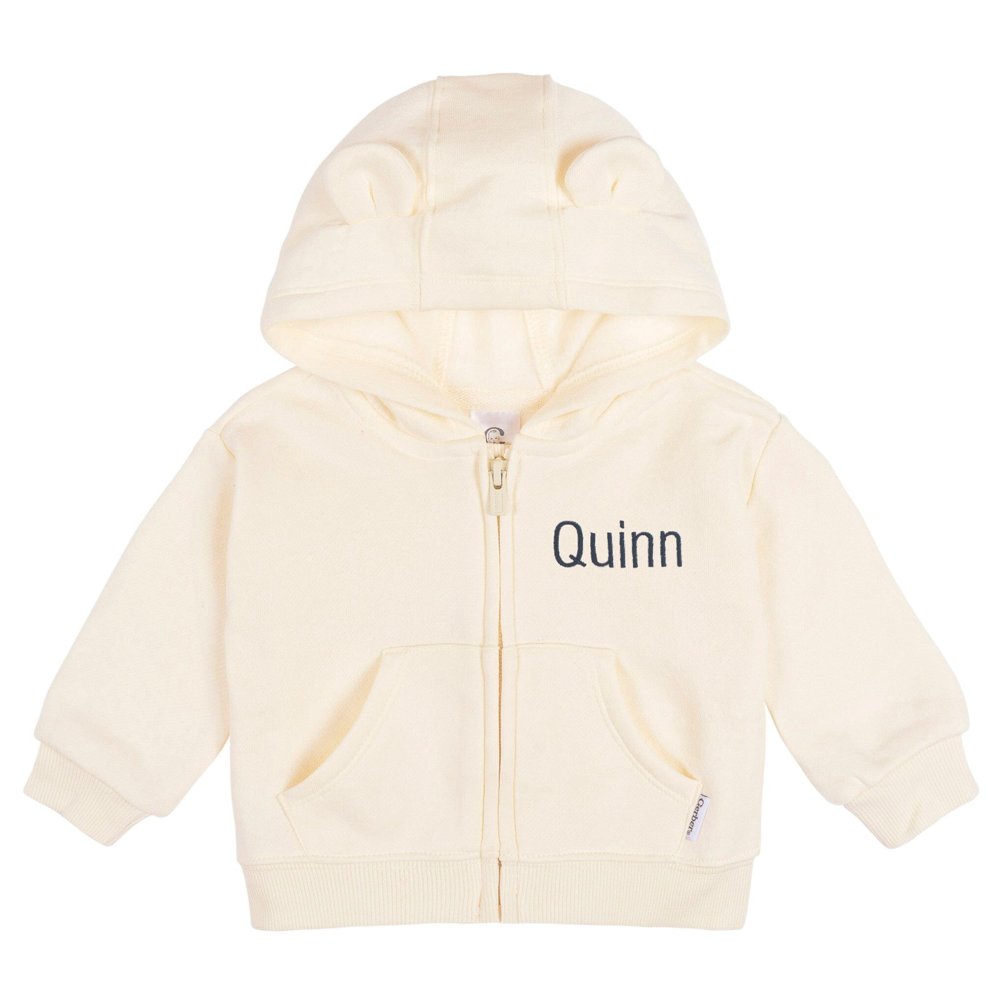 Embroidered Baby Neutral Soft Beige Zip Front Sweatshirt