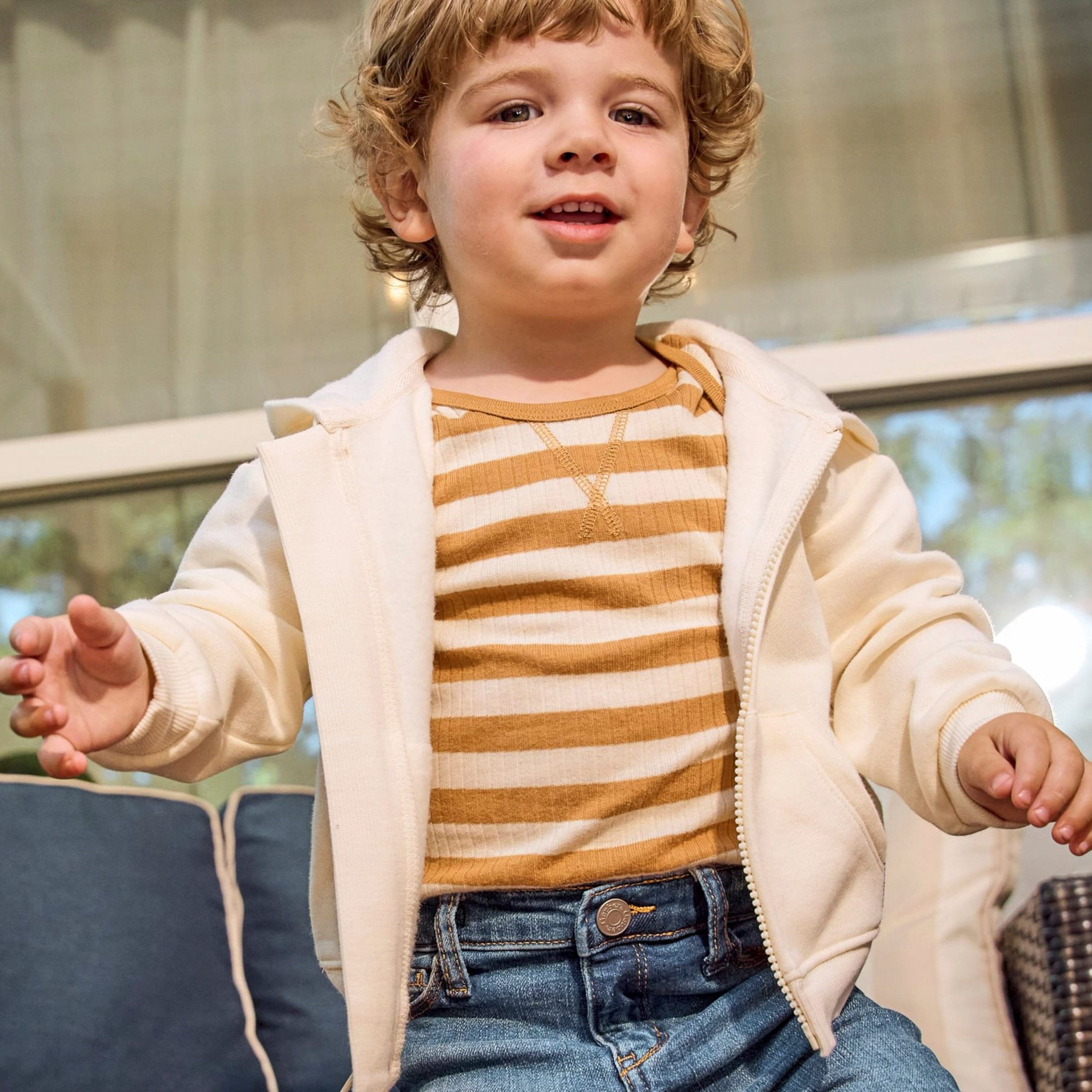 Embroidered Baby Neutral Soft Beige Zip Front Sweatshirt - Image 3