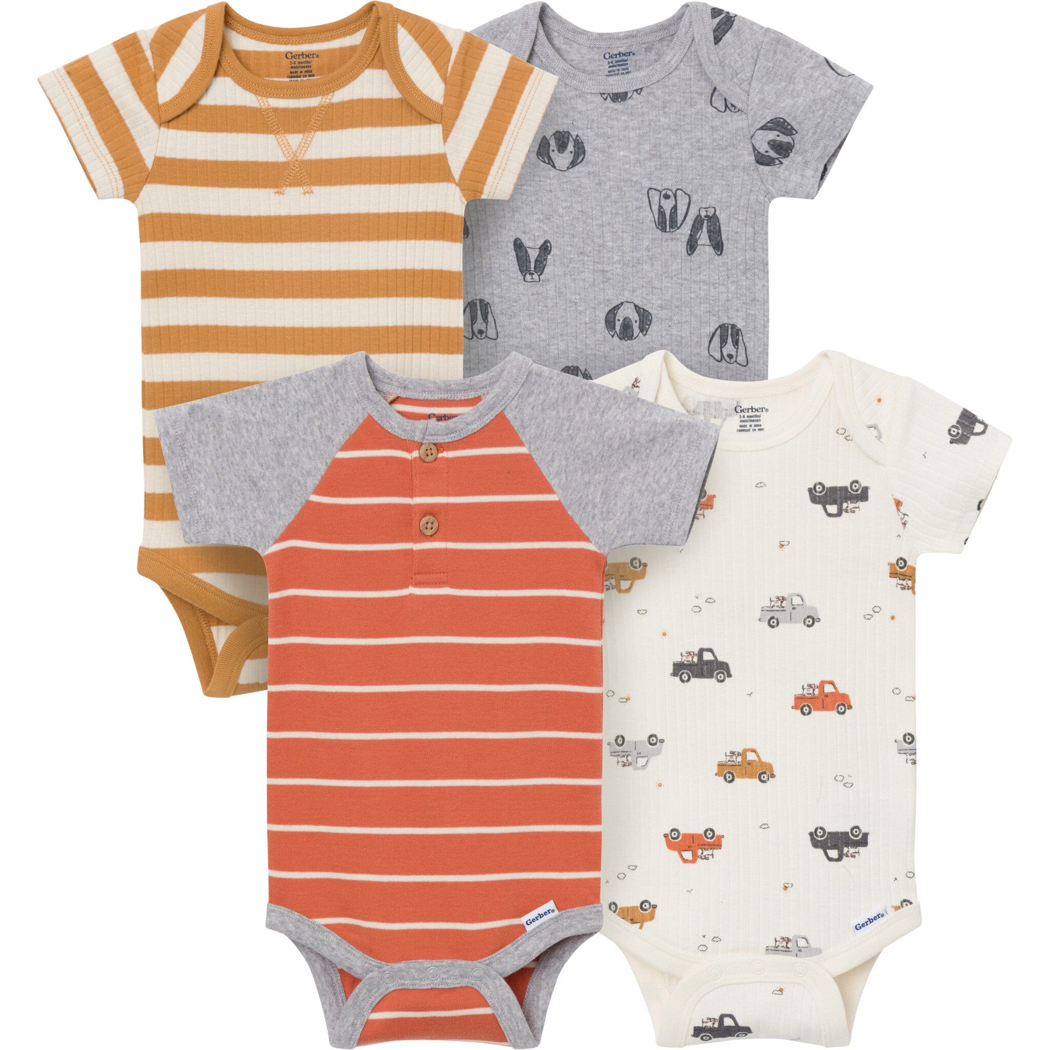 4-Pack Baby Boys Trucks & Dogs Short Sleeve Bodysuits
