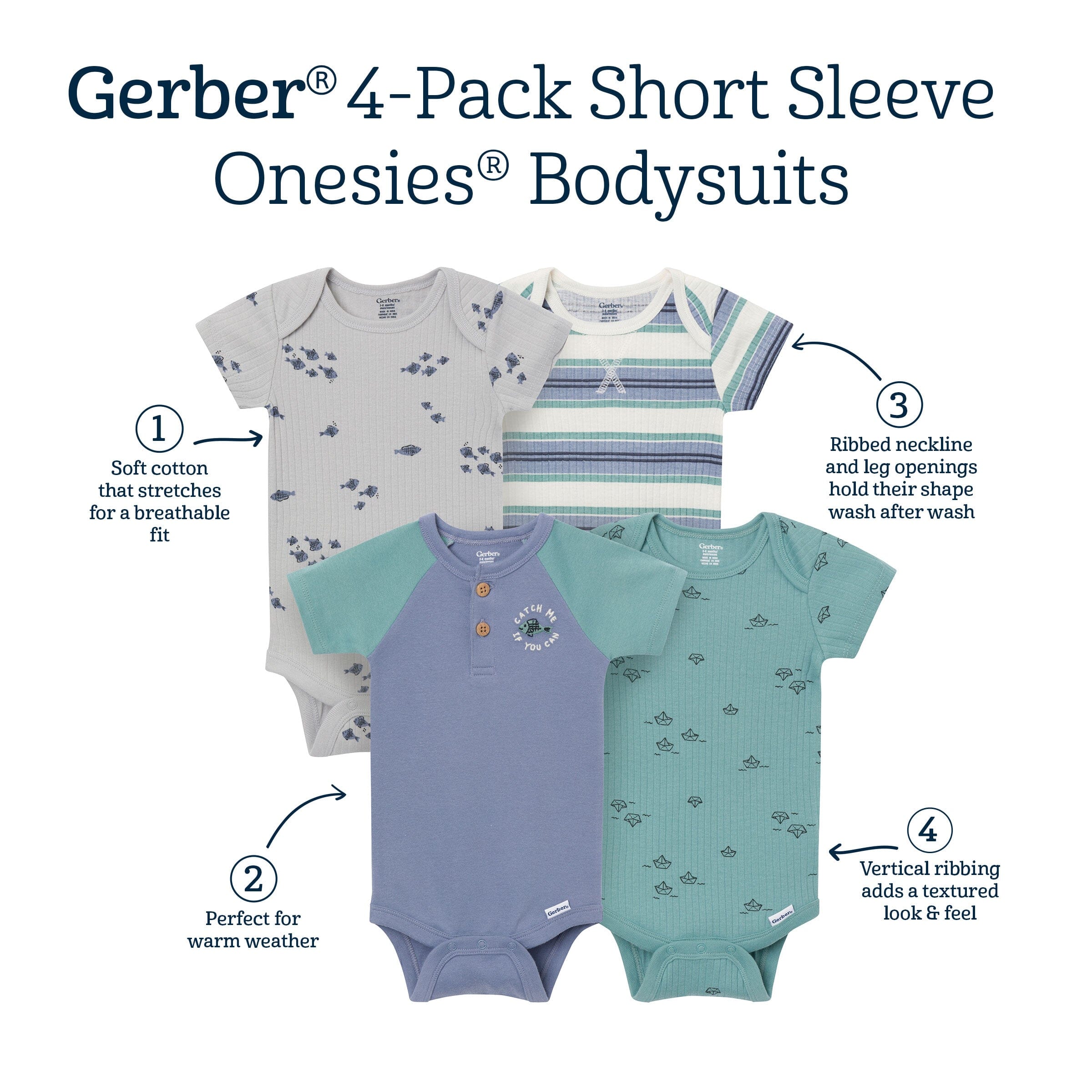 4-Pack Baby Boys Catch Me Fishing Short Sleeve Bodysuits - Image 9
