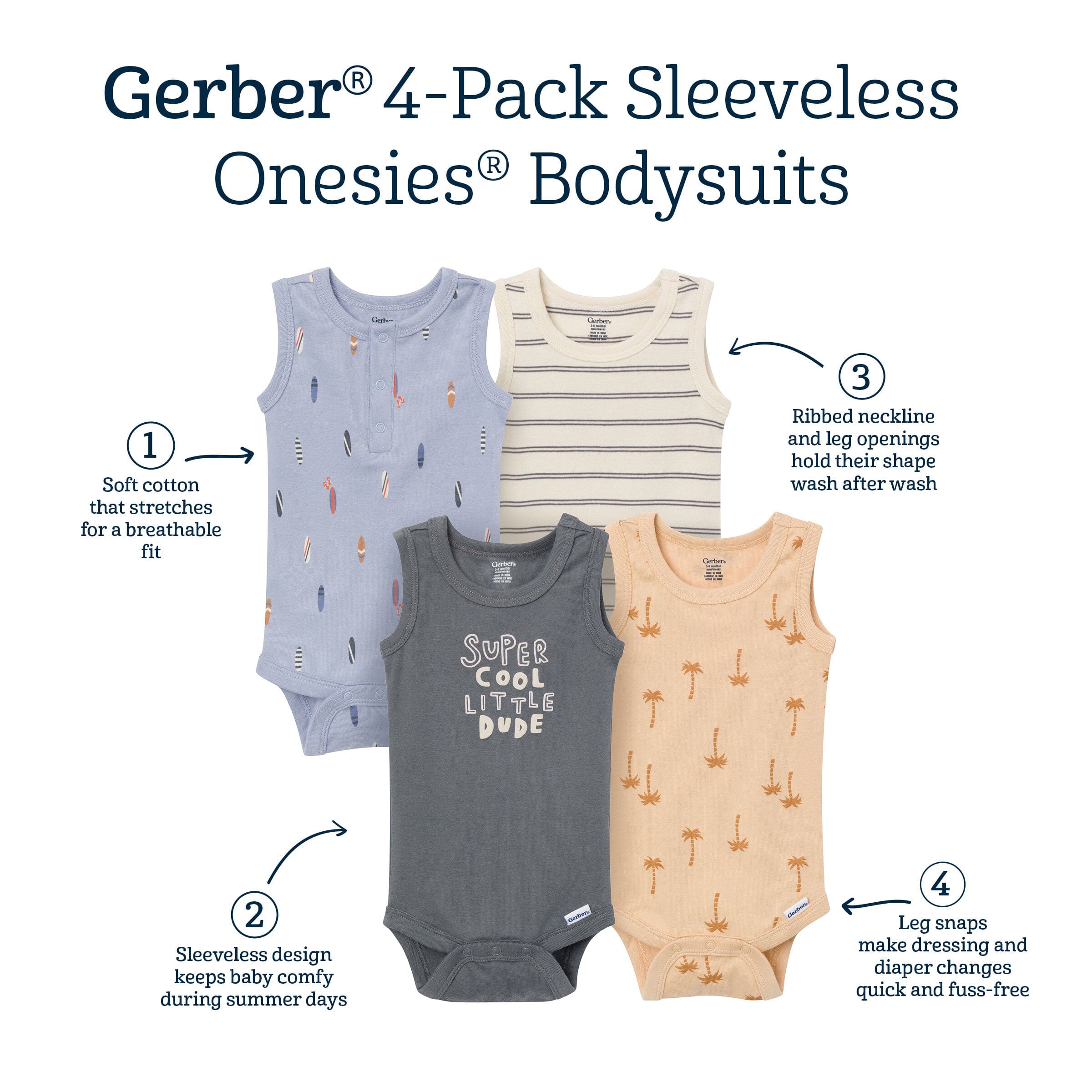 4-Pack Baby Boys Surfer Dude Sleeveless Bodysuits - Image 8