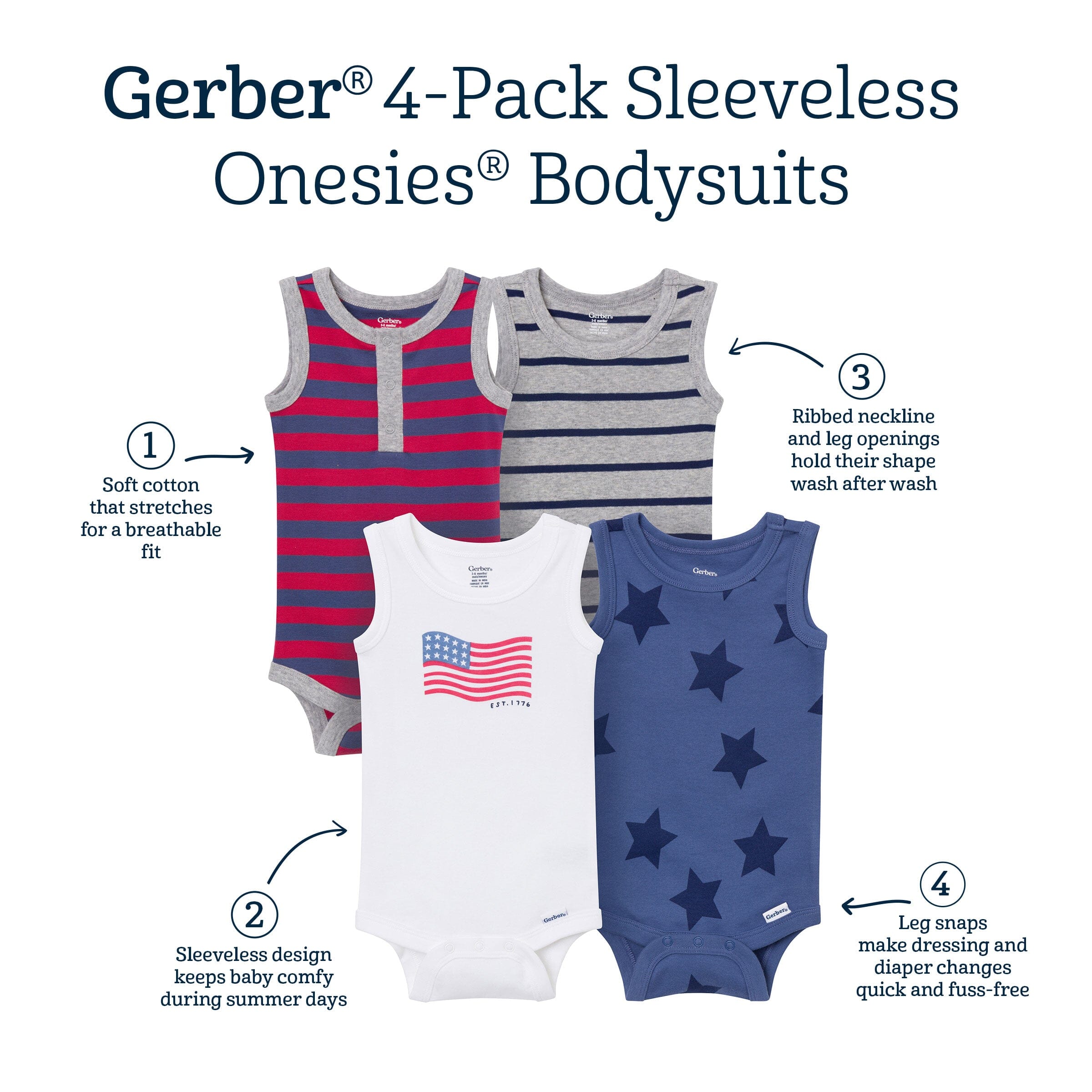 4-Pack Baby Boys Stars & Stripes Sleeveless Bodysuits - Image 8