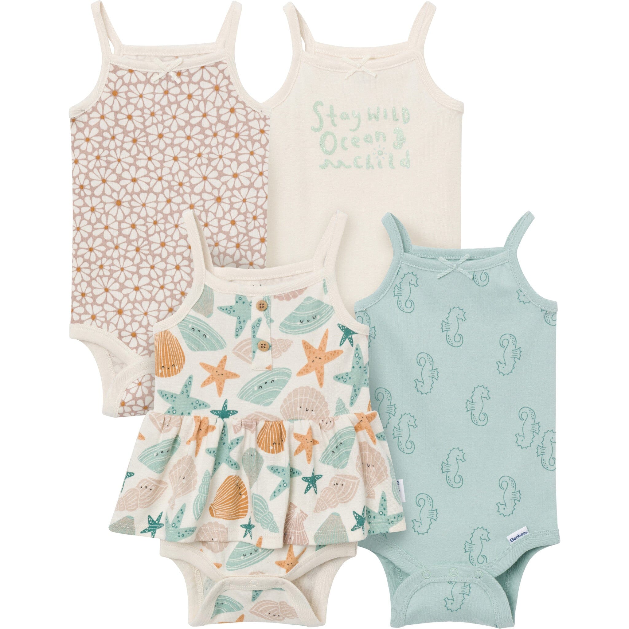 4-Pack Baby Girls Shells Sleeveless Bodysuits