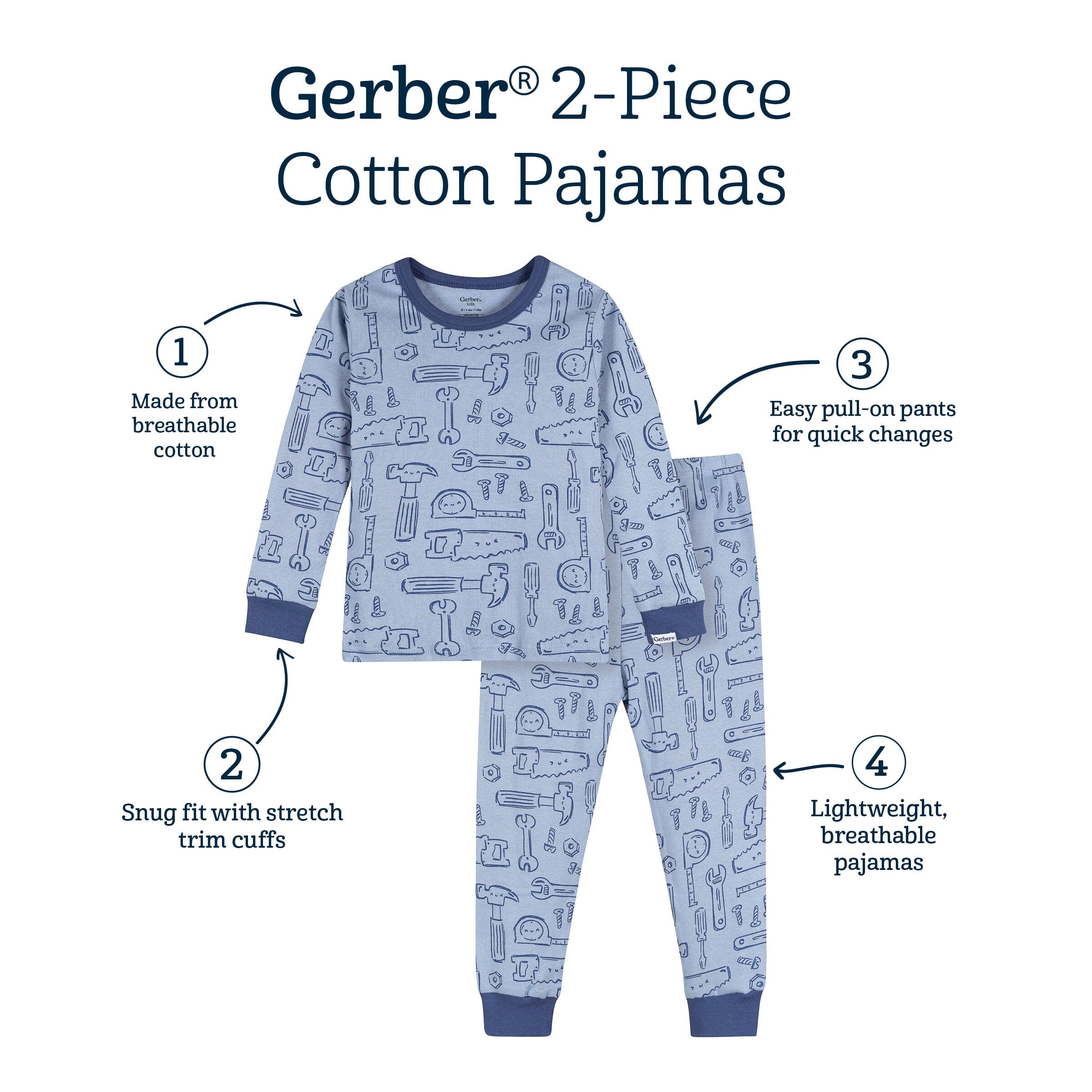 2-Piece Infant & Toddler Boys Blue Tools Cotton Pajama Set - Image 8