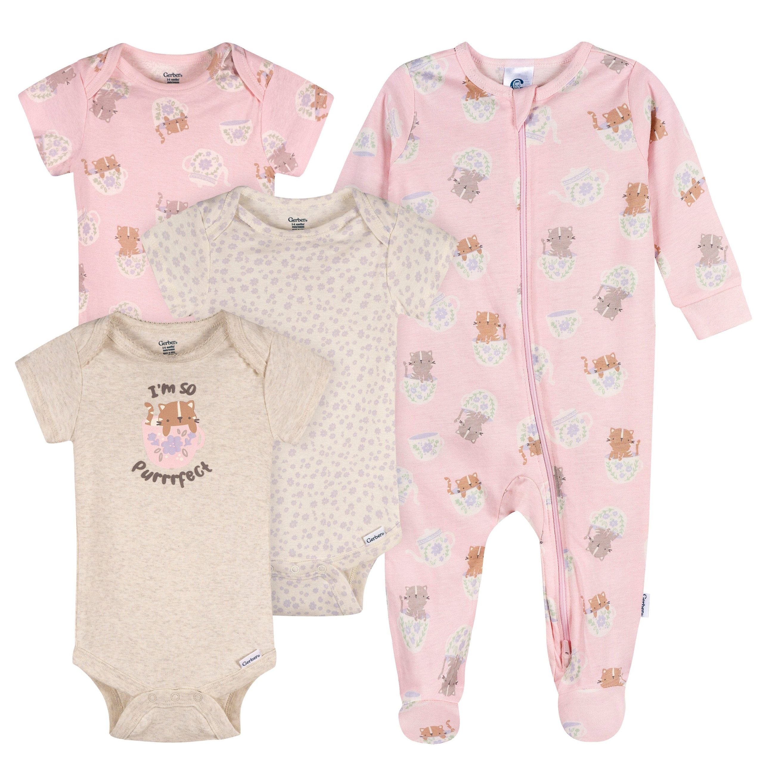 4-Pack Baby Girls Teacup Kittens Onesies® Bodysuits and Sleep 'N Play