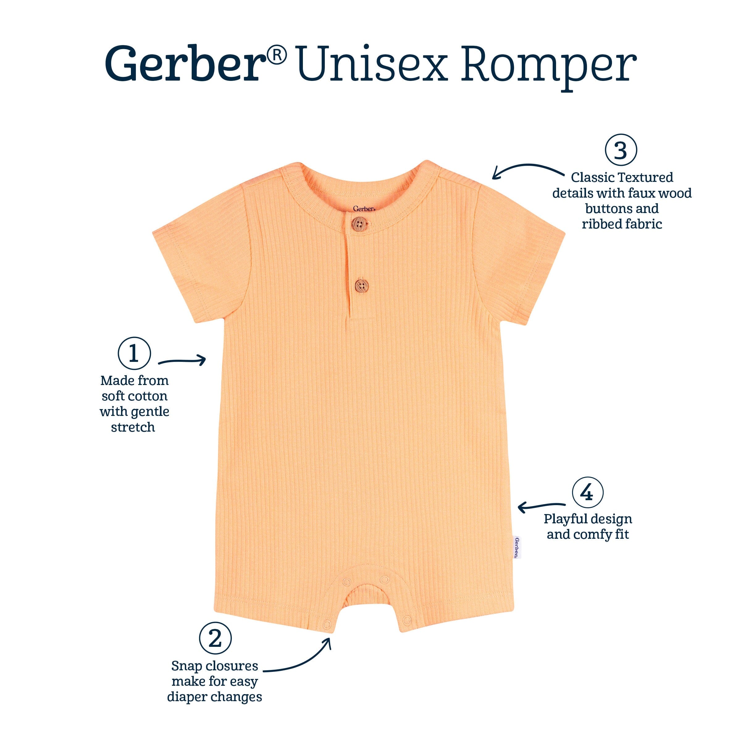 Baby Neutral Peach Short Sleeve Henley Romper - Image 5
