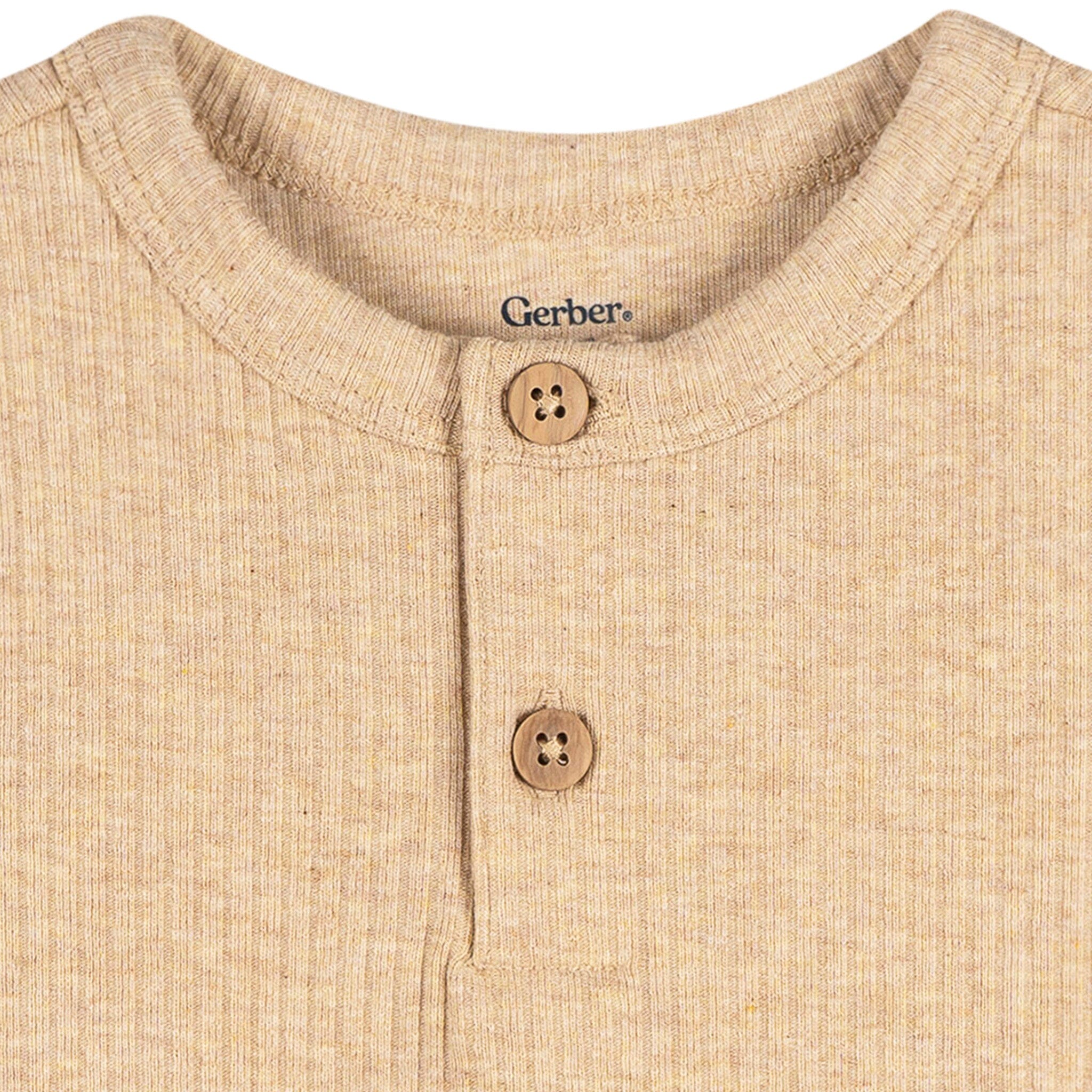 Baby Neutral Oatmeal Heather Short Sleeve Henley Romper - Image 4