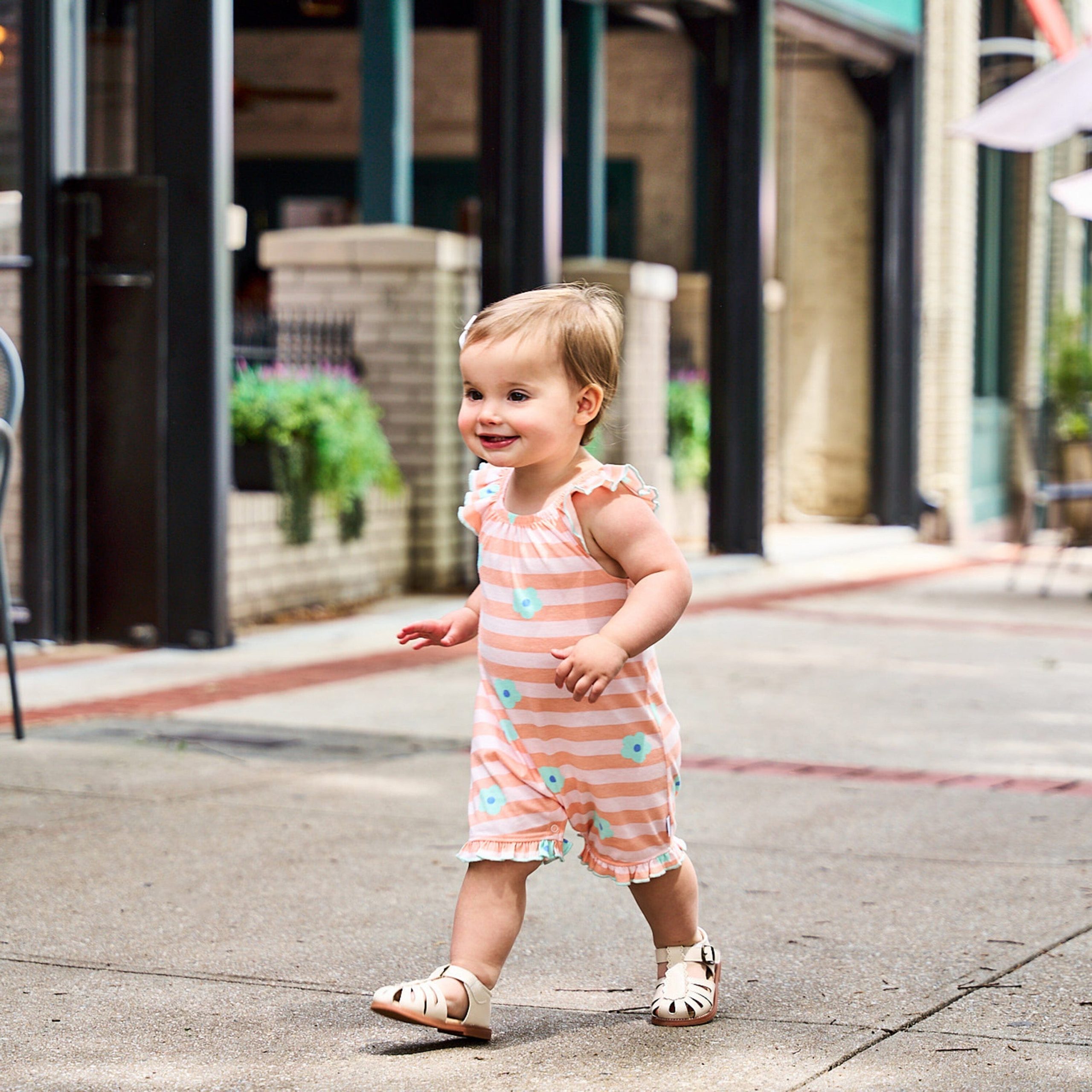 Baby Girls Pink Stripes Sleeveless Ruffle Romper - Image 2