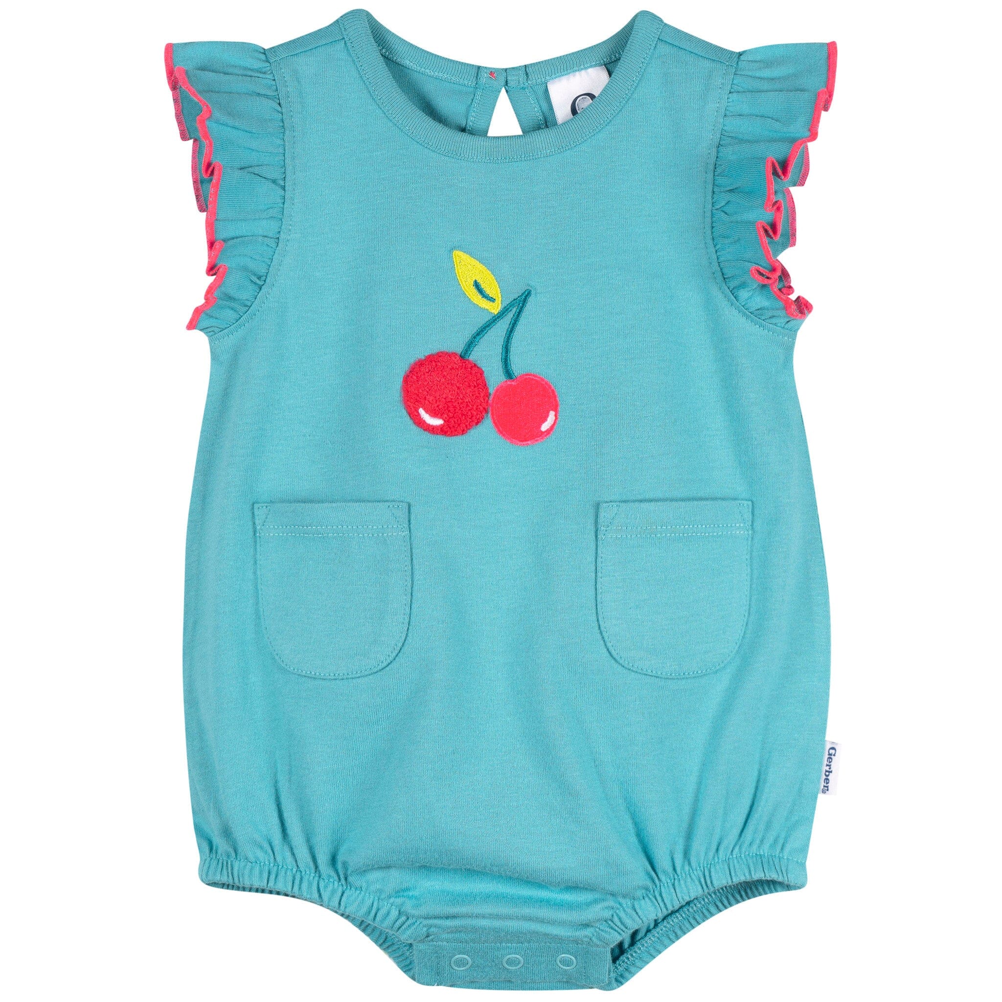 Baby Girls Aqua Cherries Pocket Bubble Romper