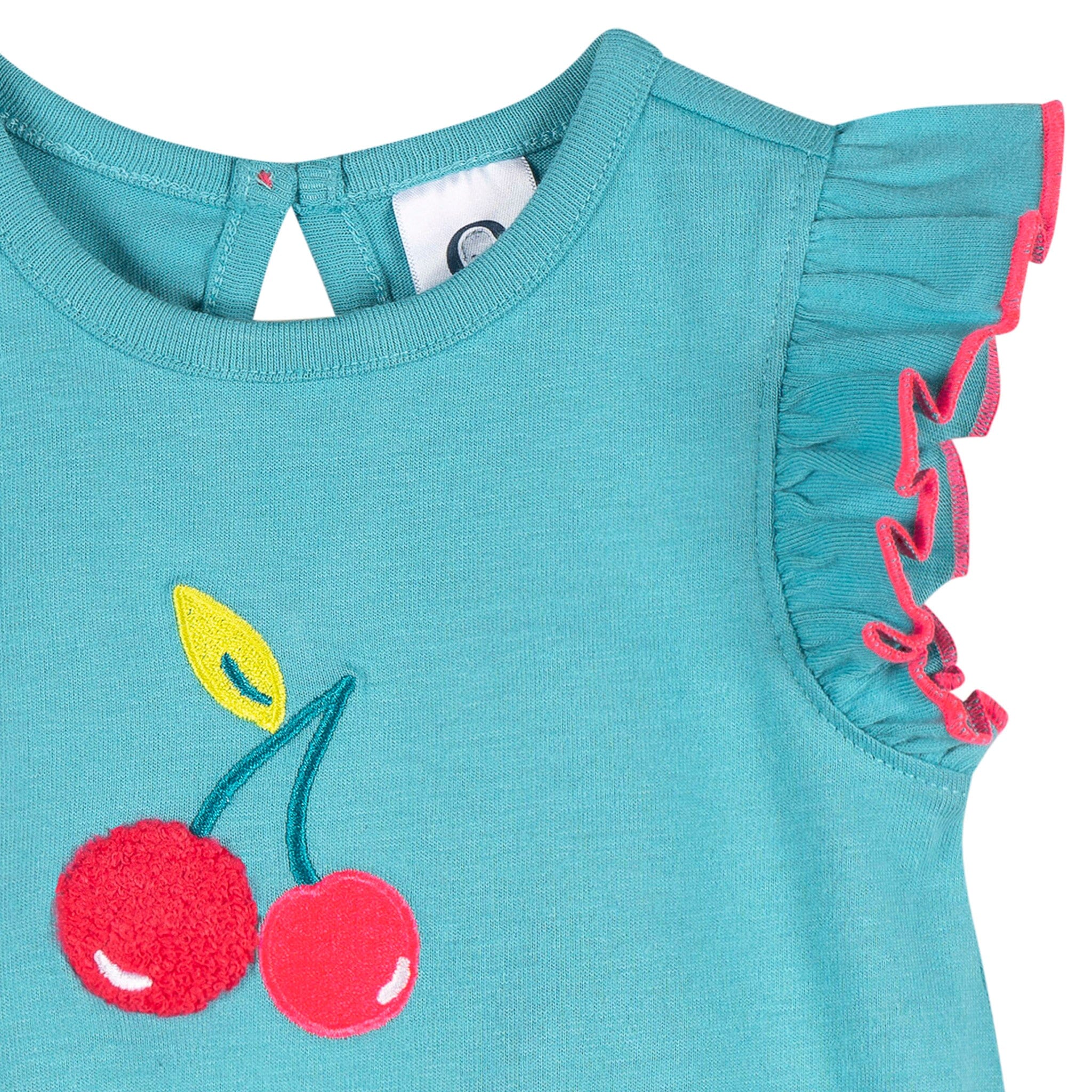 Baby Girls Aqua Cherries Pocket Bubble Romper - Image 3