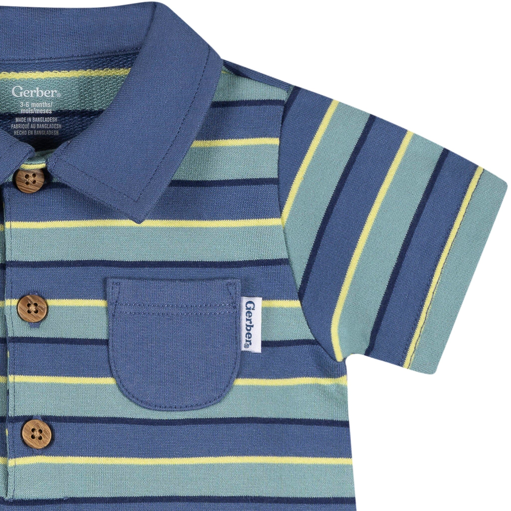 Baby Boys Blue & Green Stripe Collared Romper - Image 3