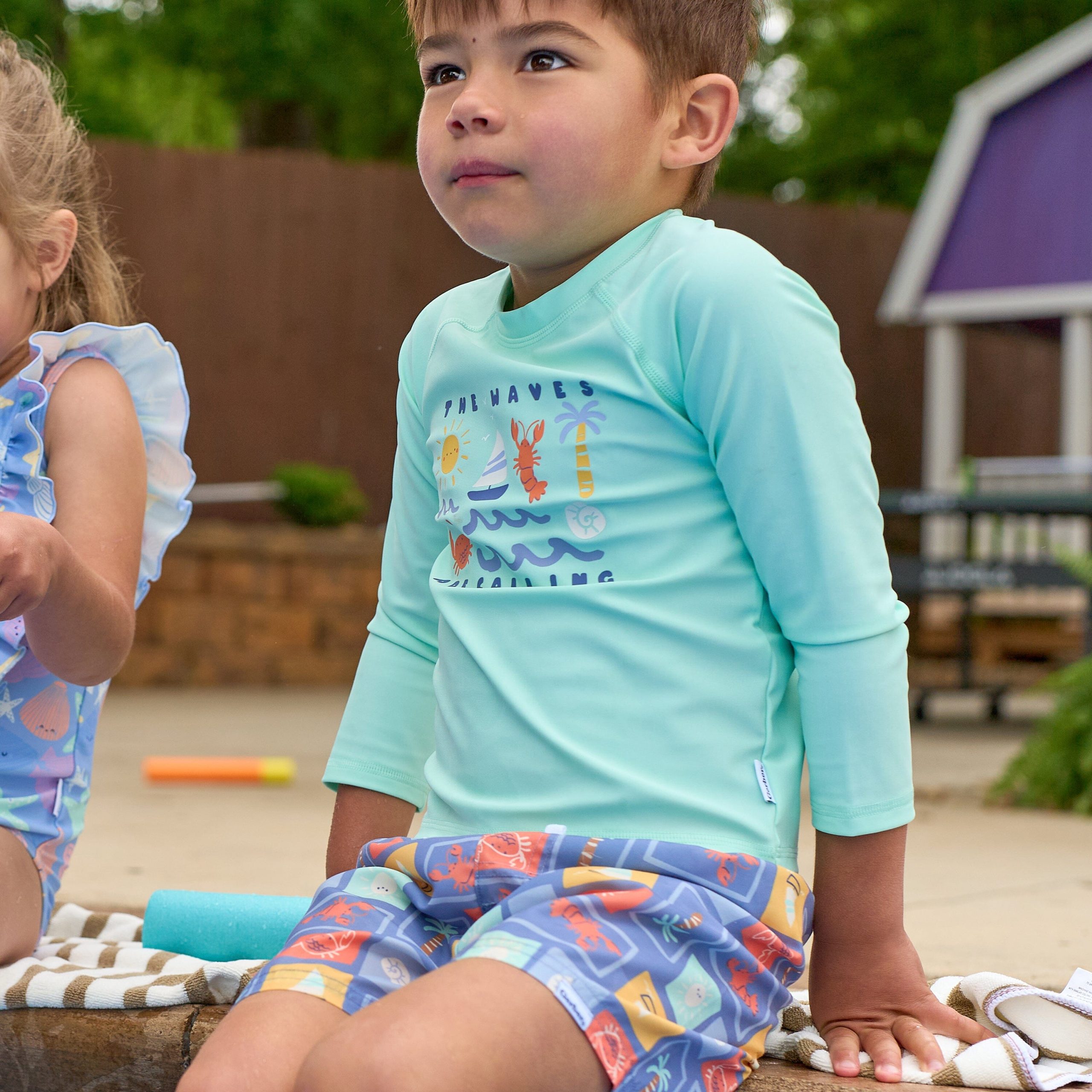 2-Piece Baby & Toddler Boys UPF 50+ Green Stamps Rash Guard & Swim Trunks Set - Image 2