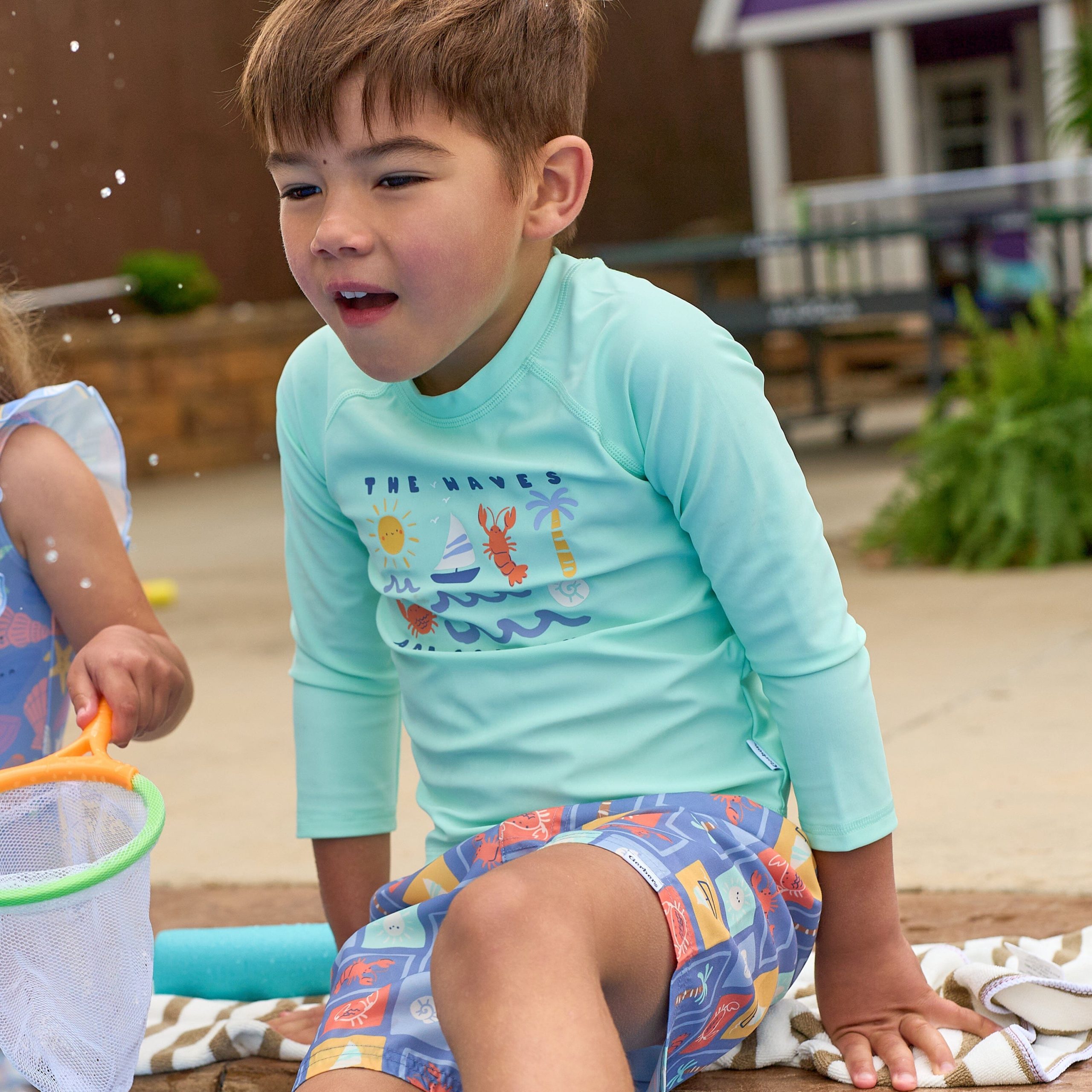 2-Piece Baby & Toddler Boys UPF 50+ Green Stamps Rash Guard & Swim Trunks Set - Image 3