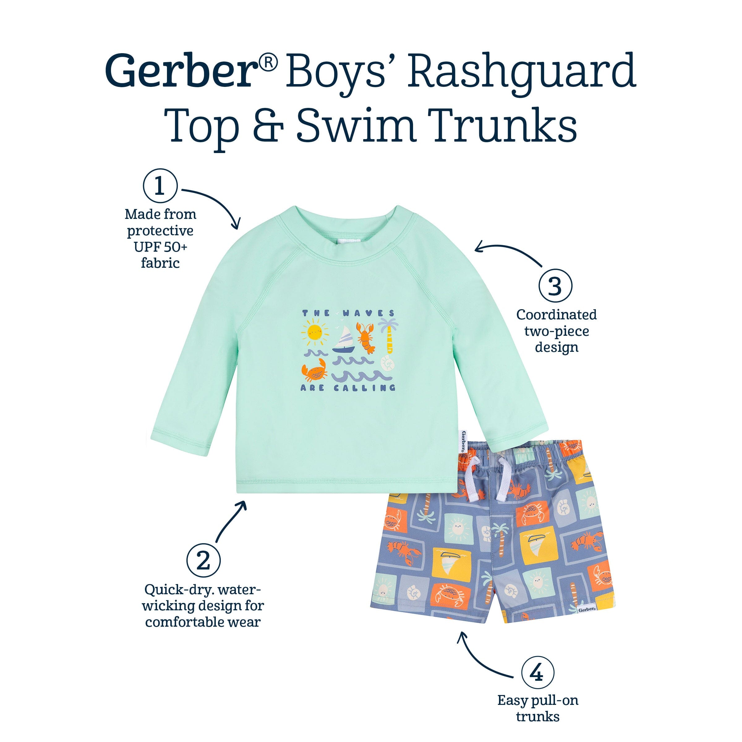 2-Piece Baby & Toddler Boys UPF 50+ Green Stamps Rash Guard & Swim Trunks Set - Image 10