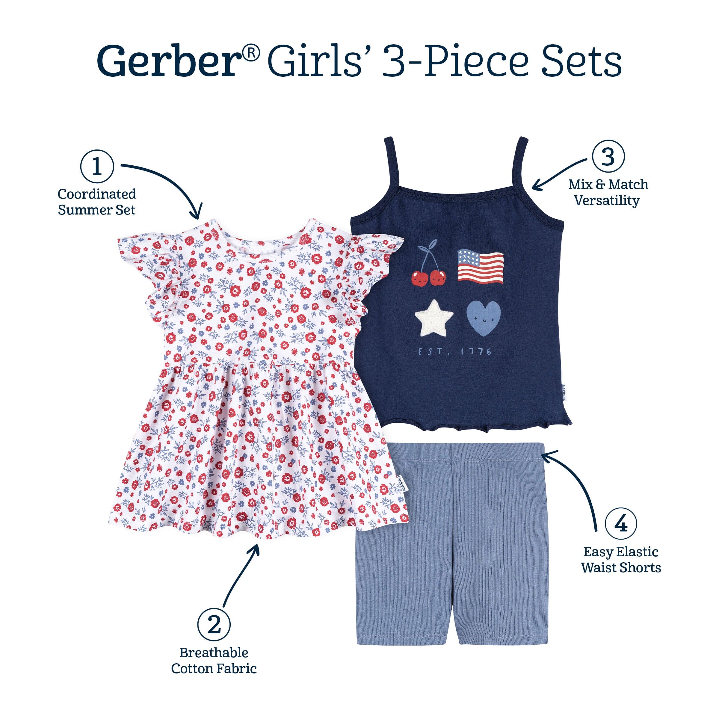 3-Piece Infant & Toddler Girls USA Shirts & Shorts Set - Image 10