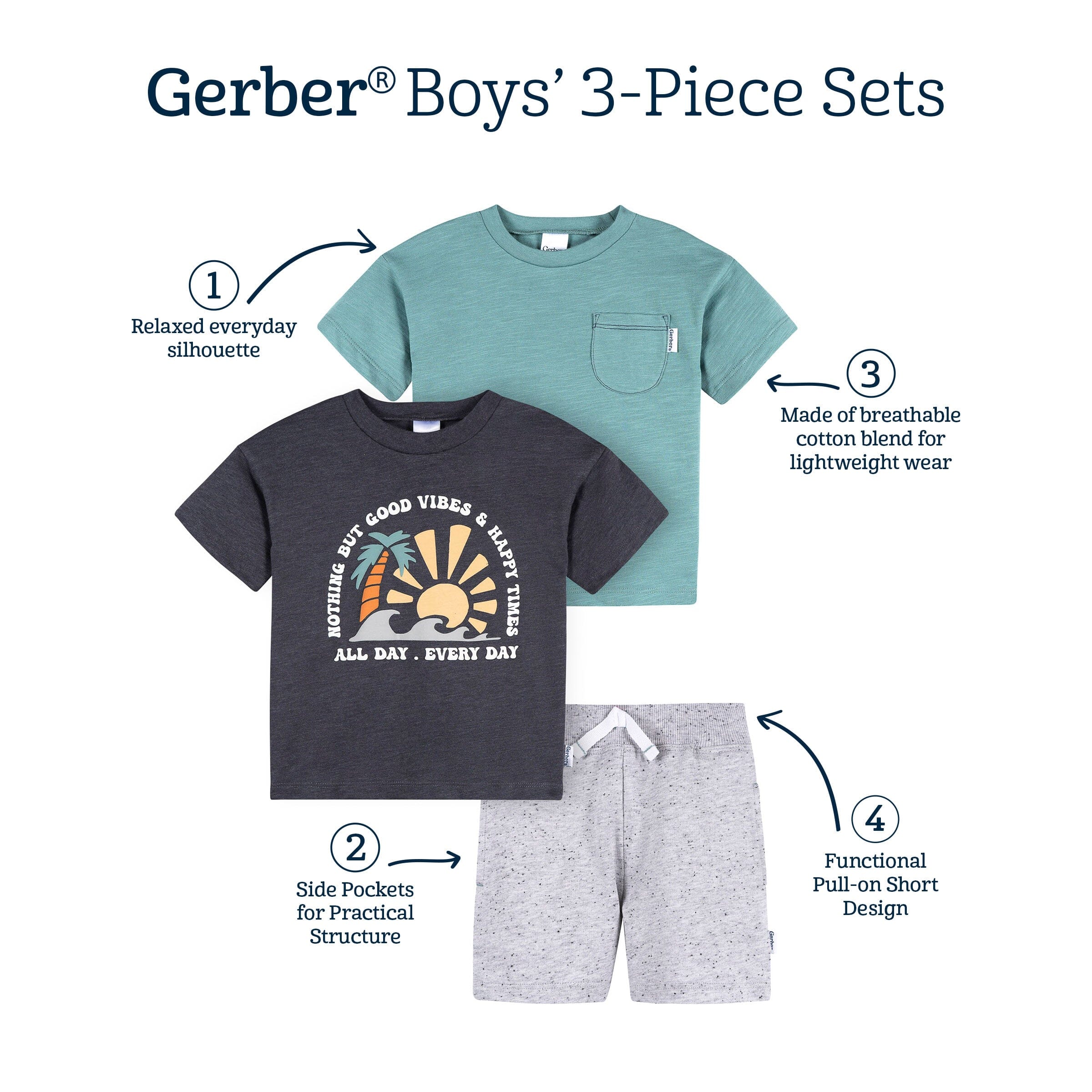 3-Piece Infant & Toddler Boys Good Vibes T-Shirts & Shorts - Image 7
