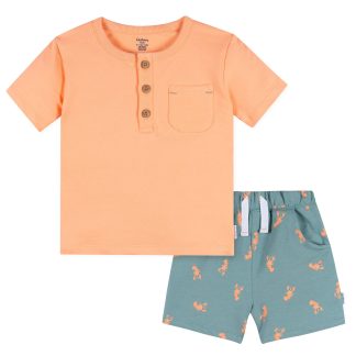 2-Piece Infant & Toddler Boys Peach Lobster Henley Top and Shorts Set
