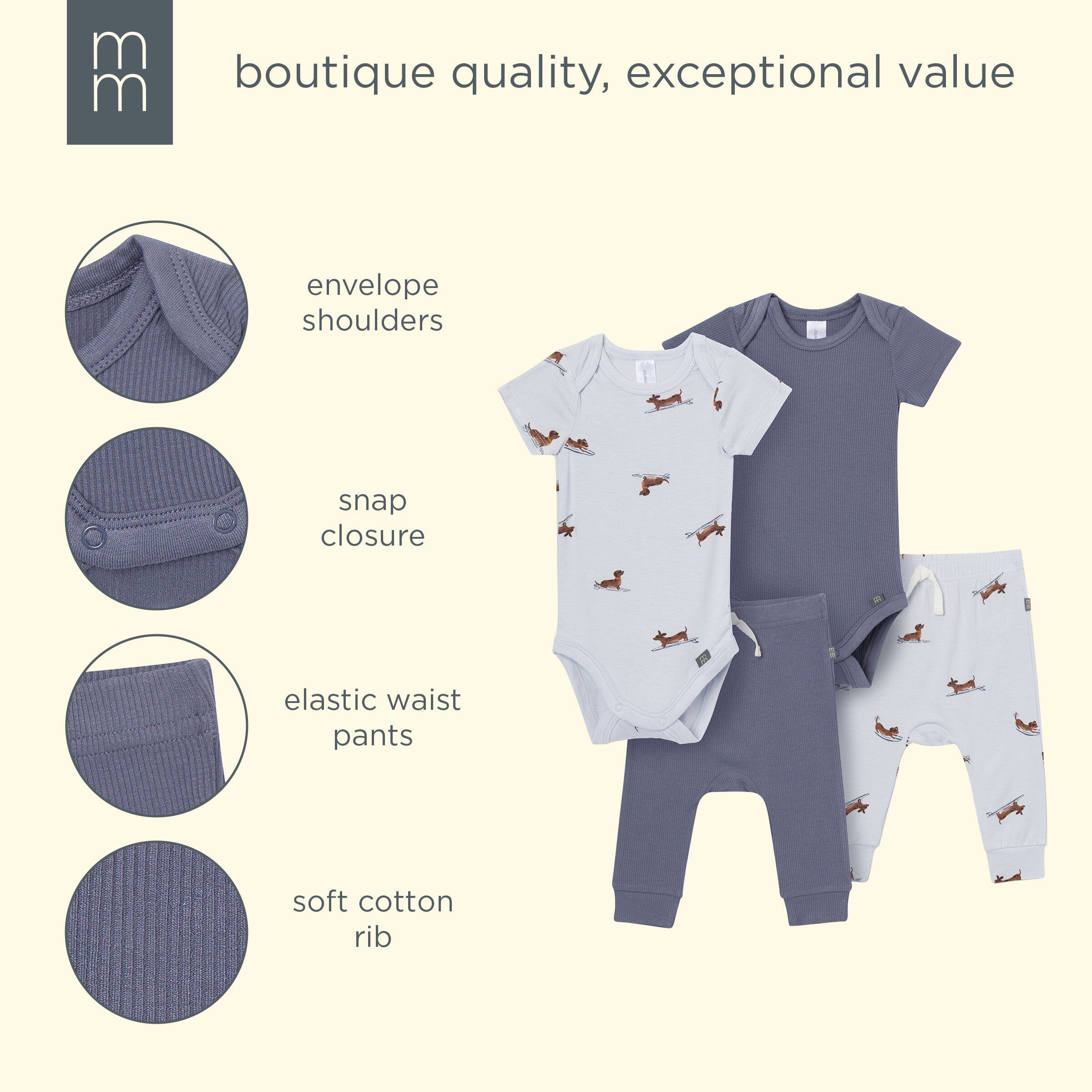 4-Piece Baby Boys Dachshund Surf Bodysuits and Pants Viscose Set - Image 14