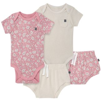4-Piece Baby Girls Pink Flower Short Sleeve Bodysuits and Shorts Set