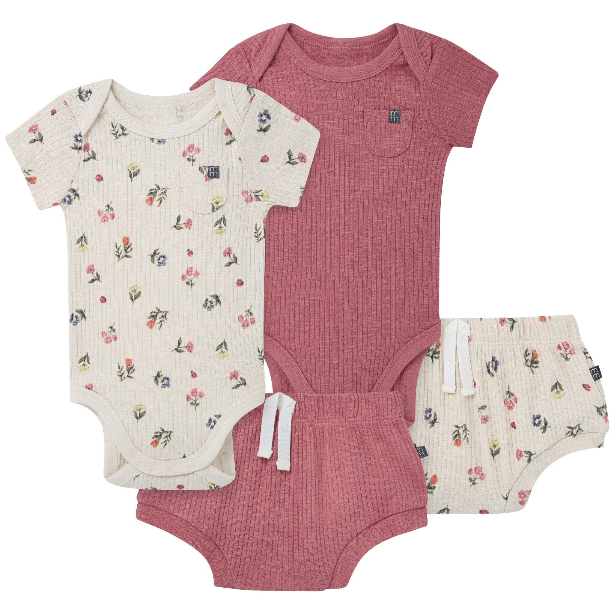 4-Piece Baby Girls Beige Garden Short Sleeve Bodysuits and Shorts Set
