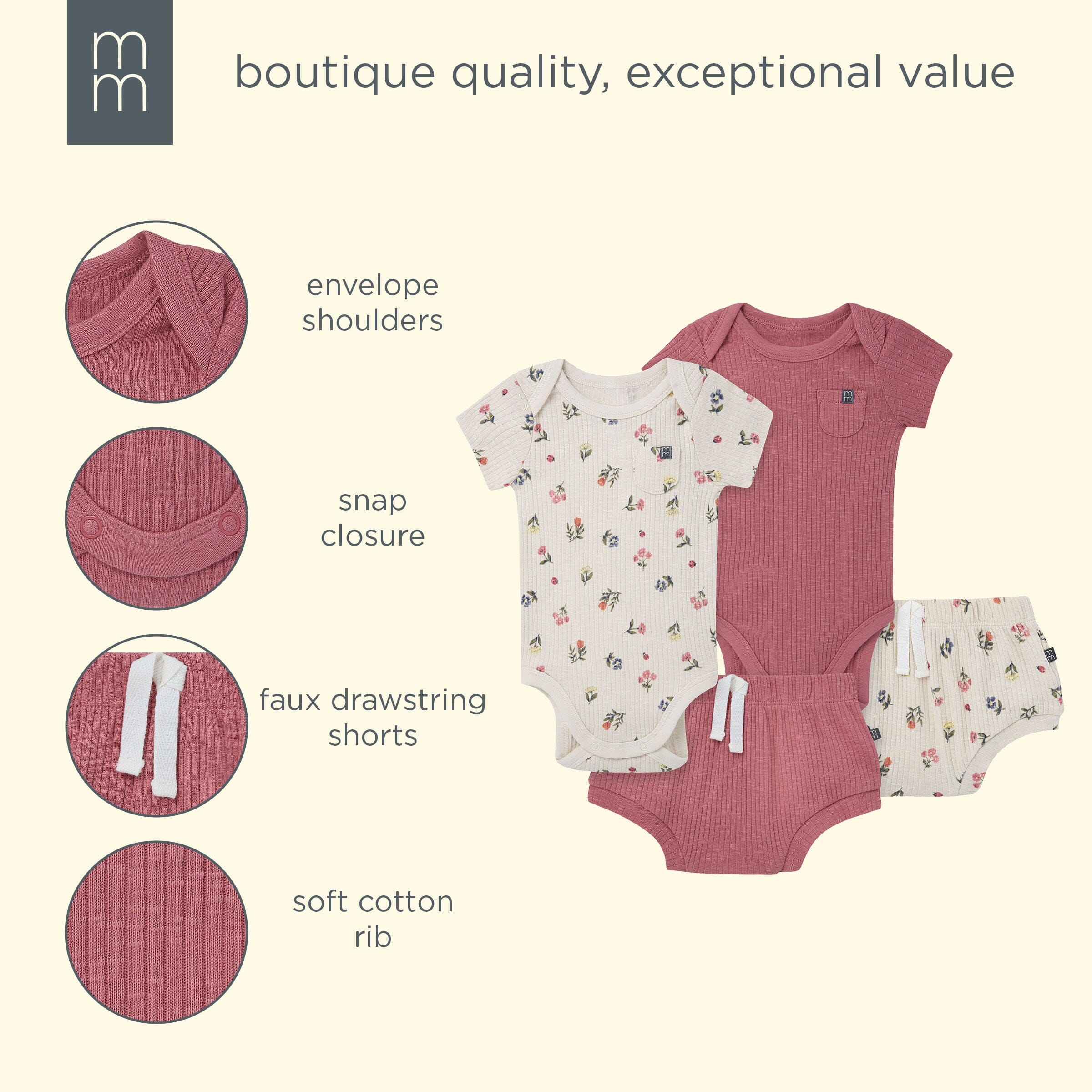 4-Piece Baby Girls Beige Garden Short Sleeve Bodysuits and Shorts Set - Image 18