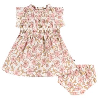 2-Piece Baby Girls Pink Floral Smocked Dress and Diaper Cover