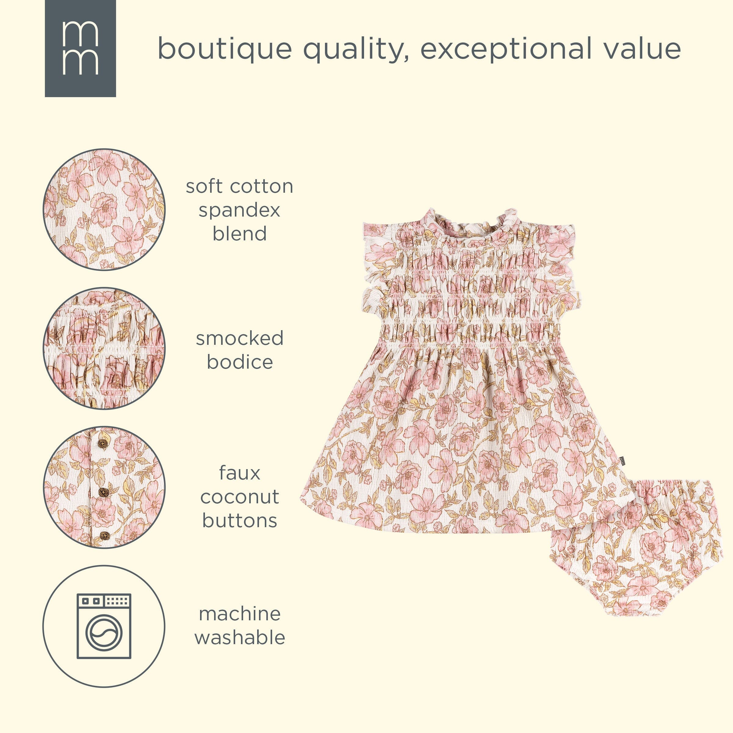 2-Piece Baby Girls Pink Floral Smocked Dress and Diaper Cover - Image 9