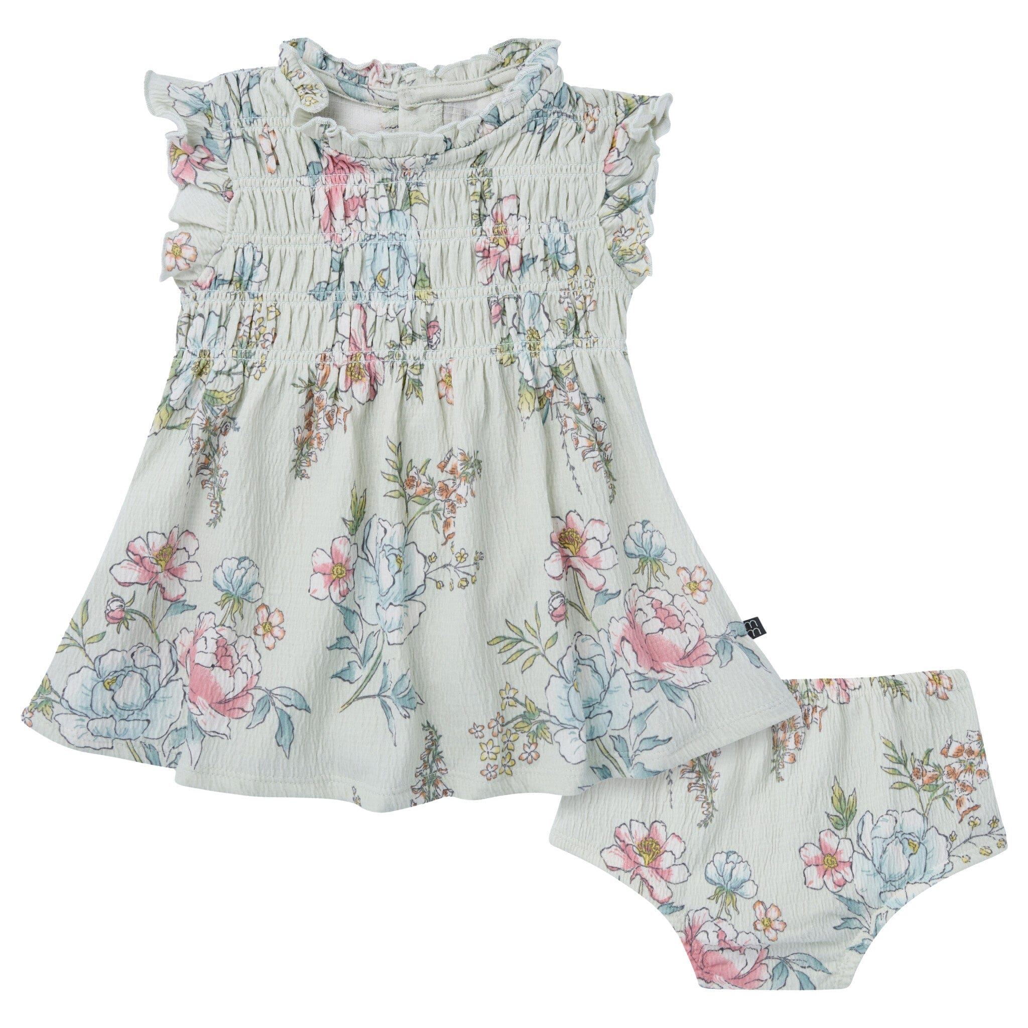 2-Piece Baby Girls Blue Floral Smocked Dress and Diaper Cover